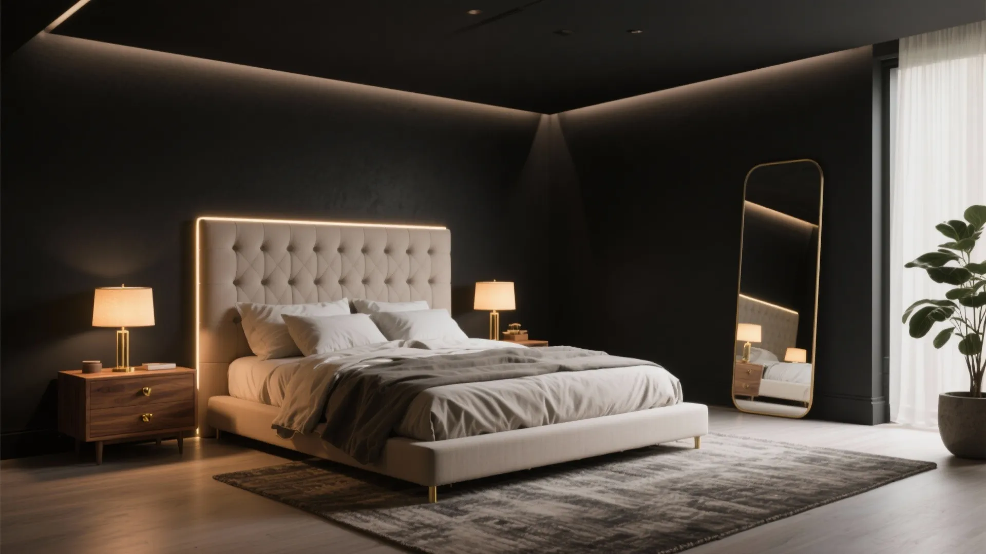 Modern bedroom with black walls beige bed frame wooden nightstand floor mirror and warm hidden lighting