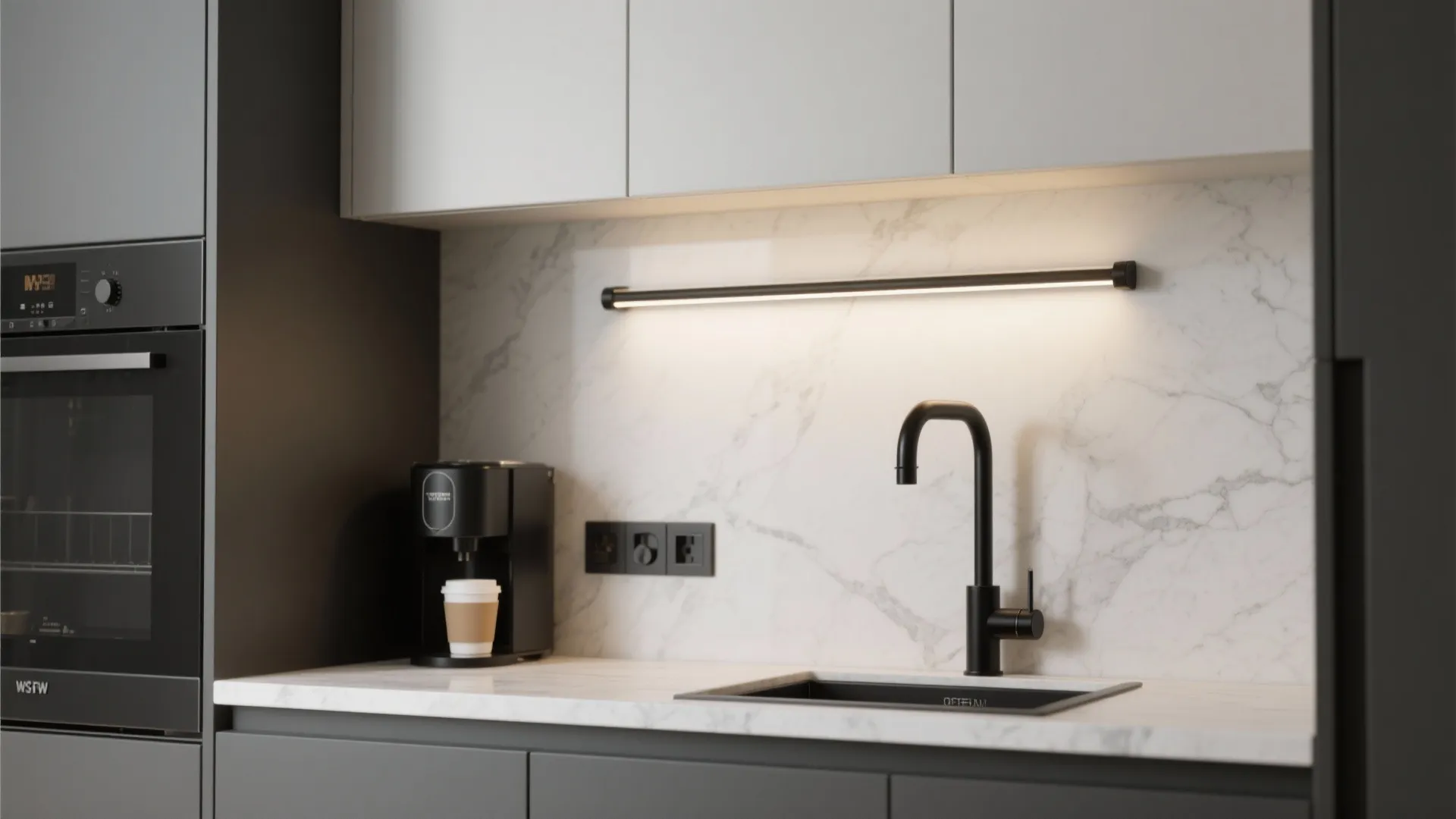 Modern kitchen with marble wall and under cabinet light showing black sink and coffee maker