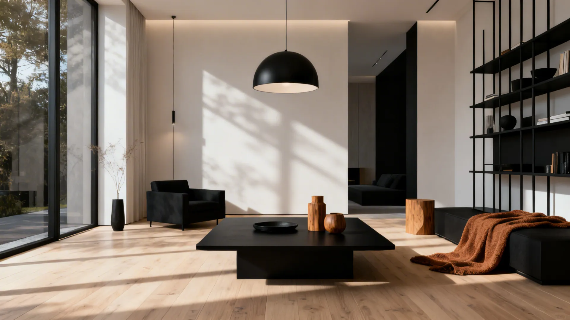 Minimal living room with pale hardwood floors and matte black furniture accents.