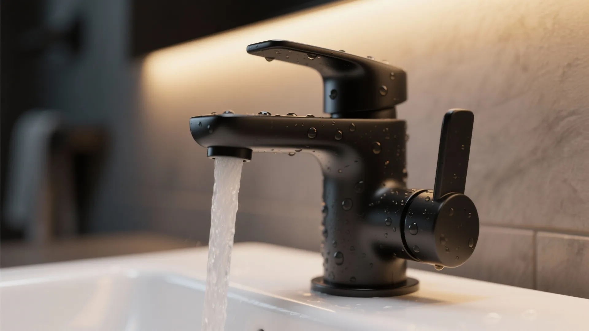 Modern matte black faucet with water flowing into a white sink in a dark bathroom setting