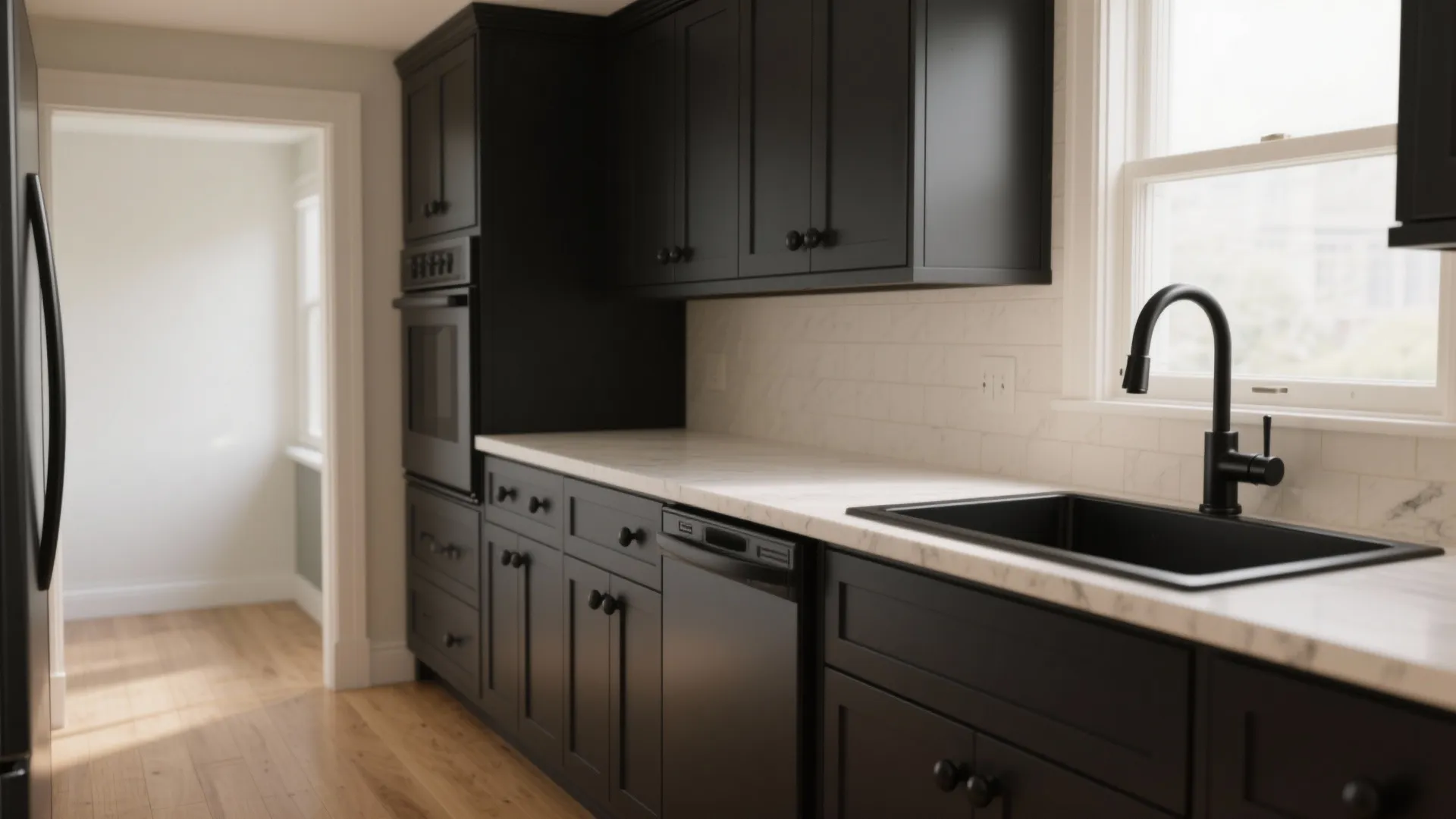 Modern kitchen with black cabinets white marble countertop black sink faucet and wooden floor design