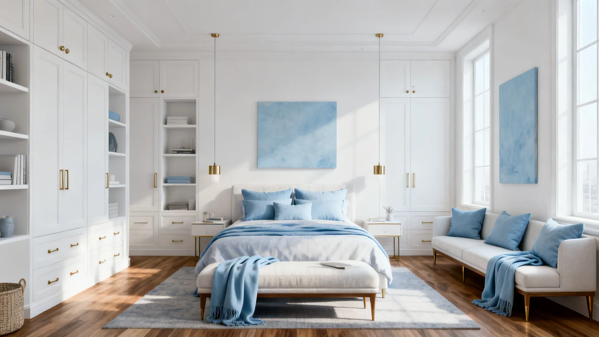 Modern monochrome bedroom with white storage and light blue cushions, warm wood and brass touches.