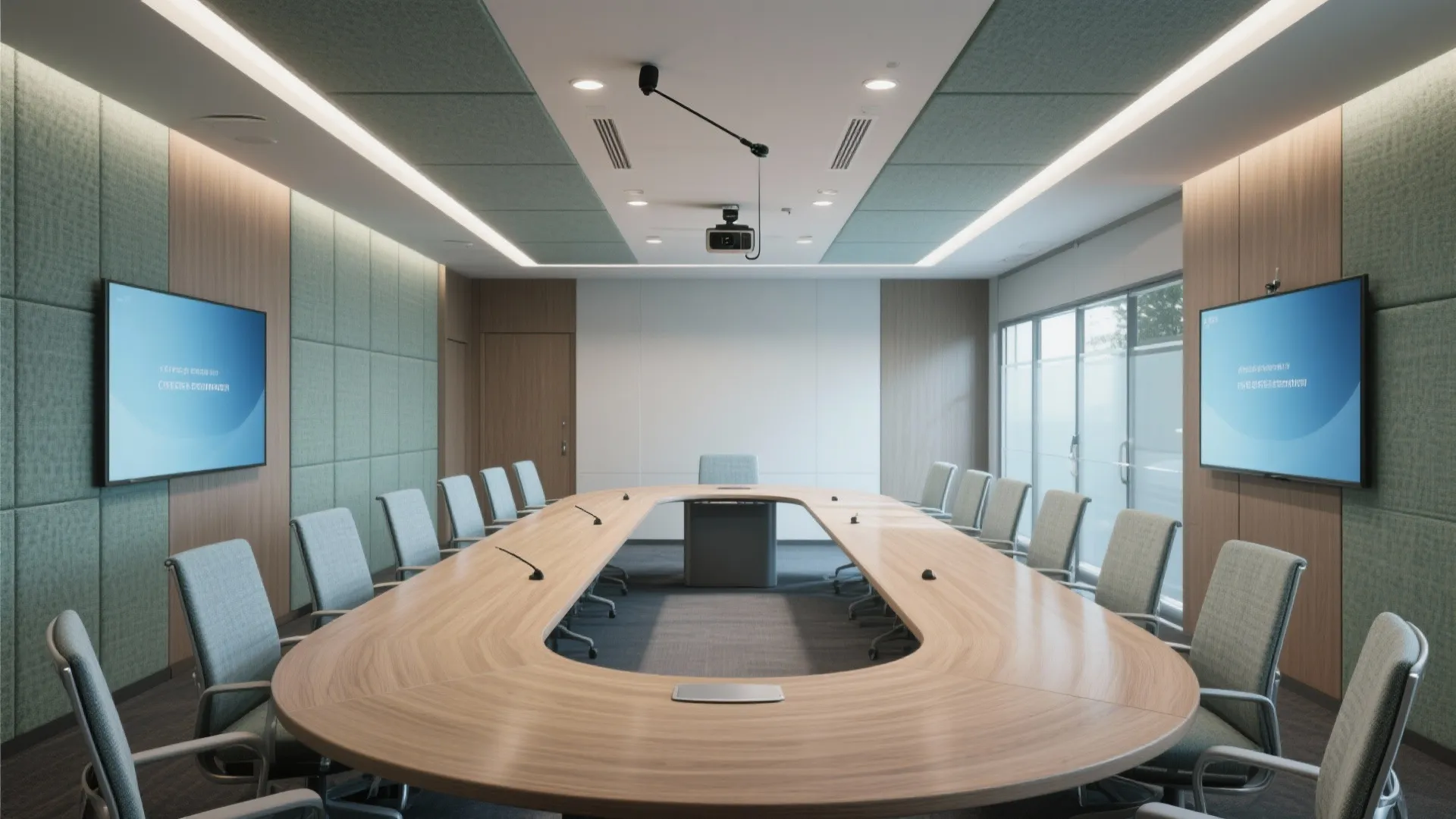 Modern boardroom interior design drawing with large wooden table grey chairs and two wall screens