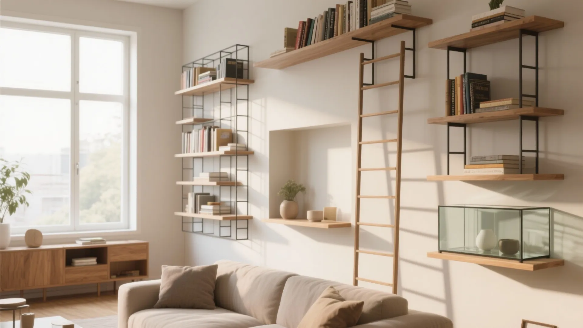 Modern living room with wall mounted wooden shelves books a wooden ladder and beige sofa