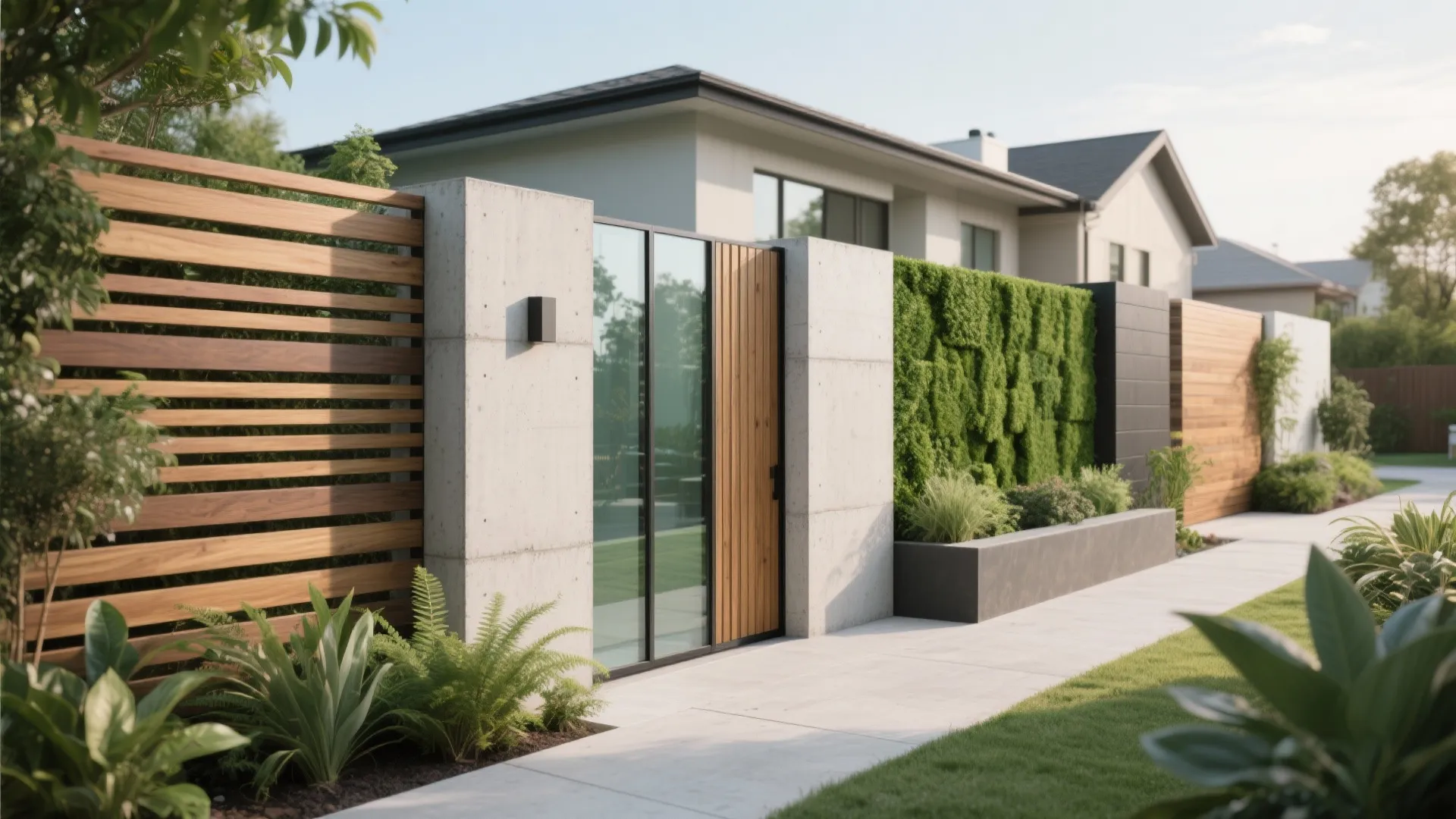 Modern house exterior featuring a wooden slat fence concrete pillars glass gate and garden wall