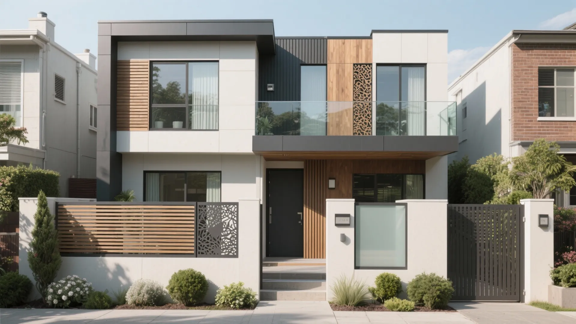 Modern house exterior with white walls wood panels glass balcony and decorative black metal garden fence