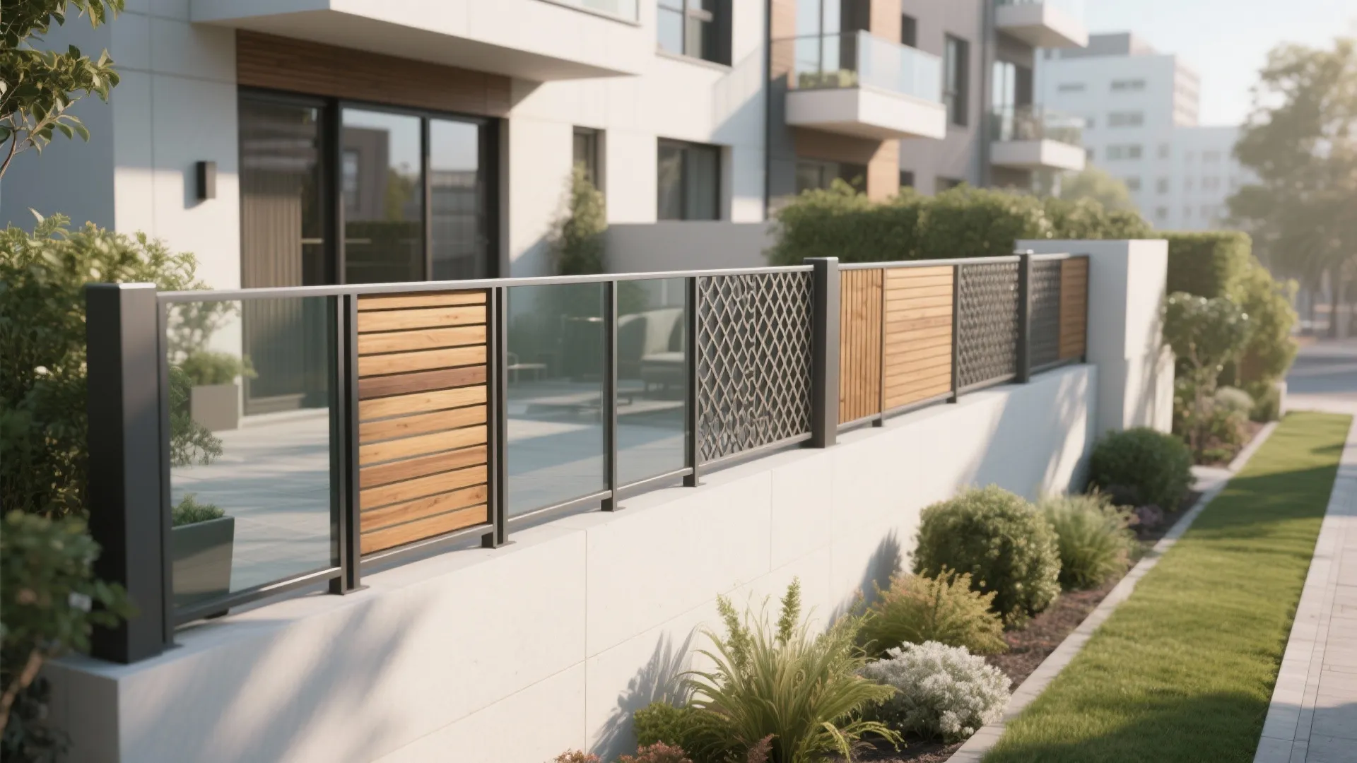 Modern boundary railing with wood panels and metal mesh along a white stone wall and garden
