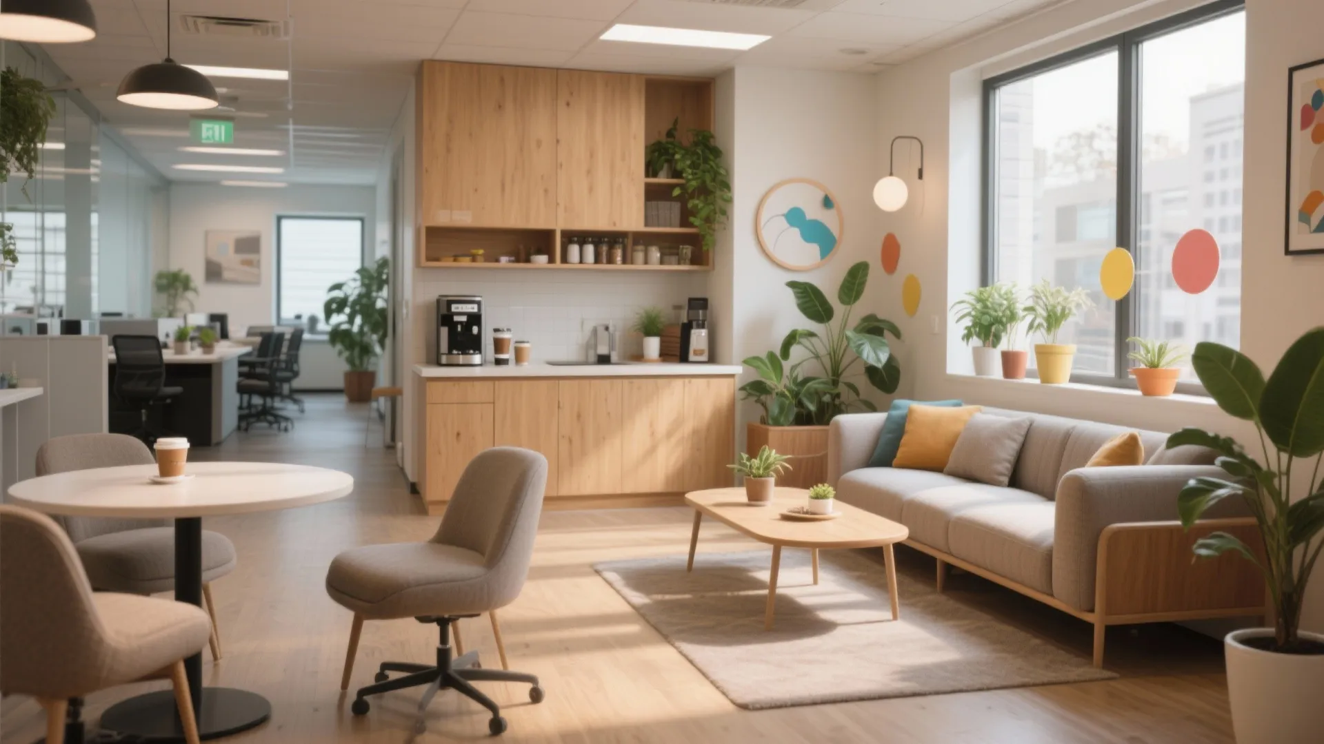 Modern office break room featuring wooden cabinets sofa coffee table plants and large windows with sunlight