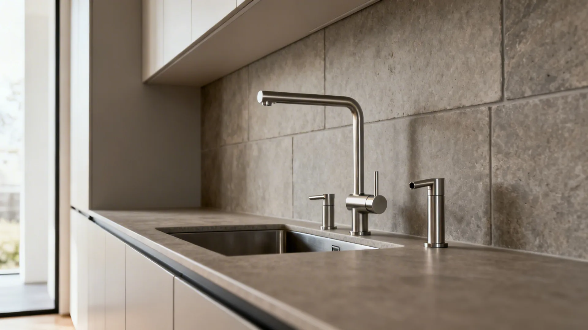 Slim modern bridge faucet with two handles and matte stone backsplash in a galley kitchen.