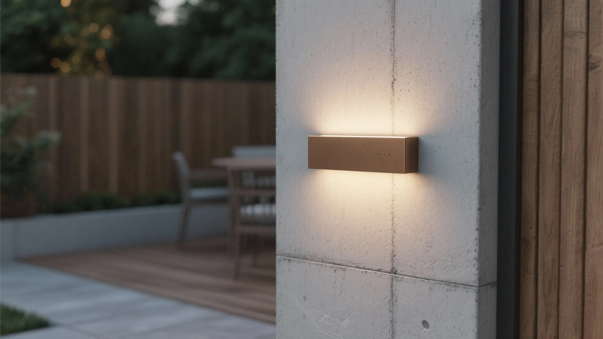 Modern bronze rectangular wall light mounted on concrete pillar at outdoor patio with wooden fence