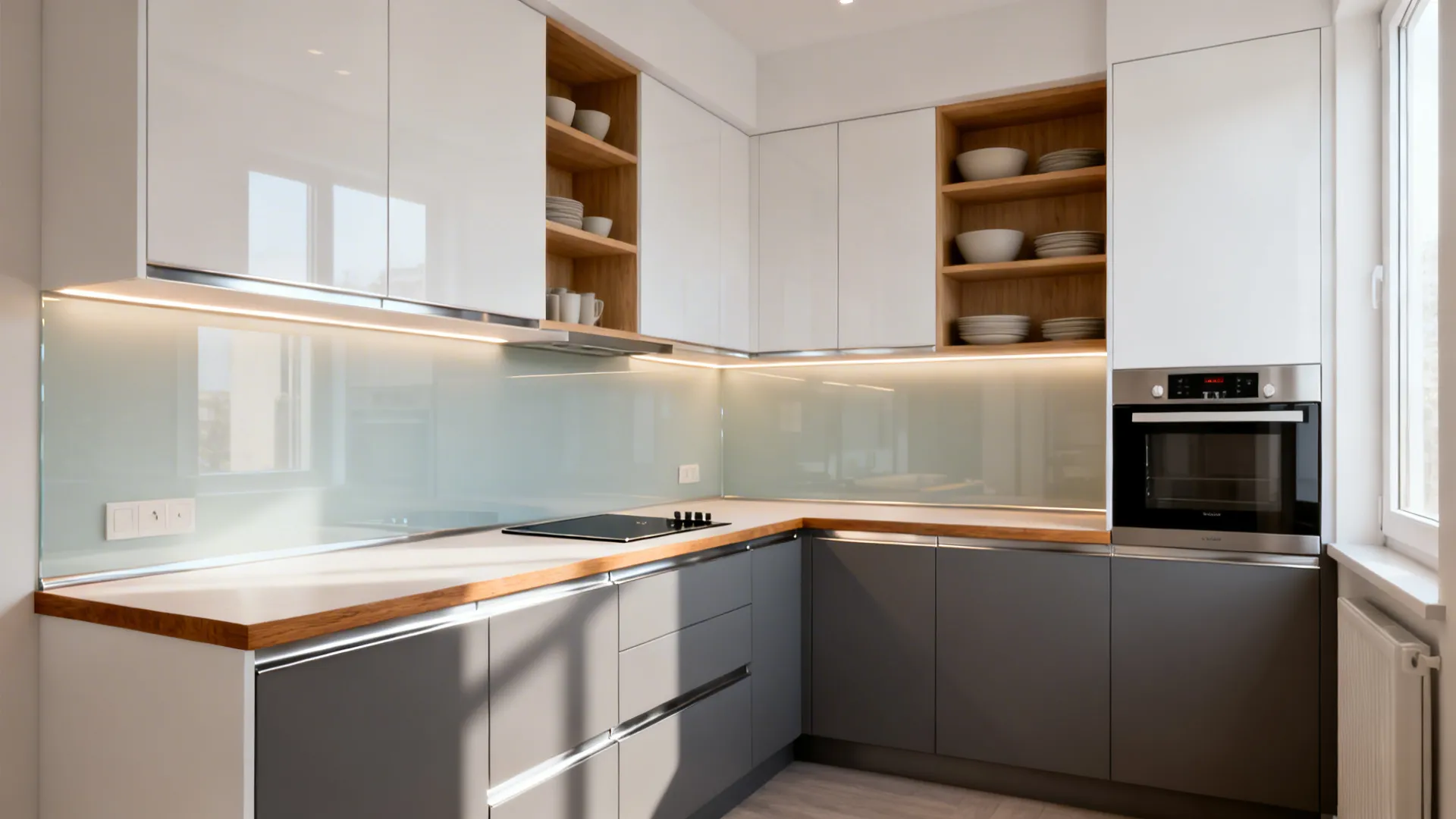 L-shaped kitchen with grey lower cabinets white upper cabinets wooden countertops and built-in black oven window