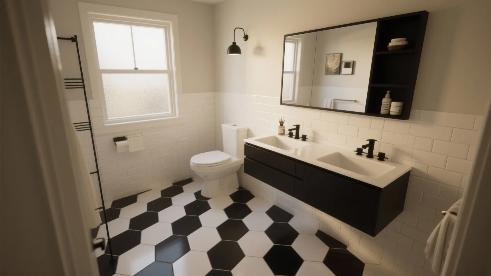Modern bathroom with black and white floor tiles double vanity cabinet wall light and window