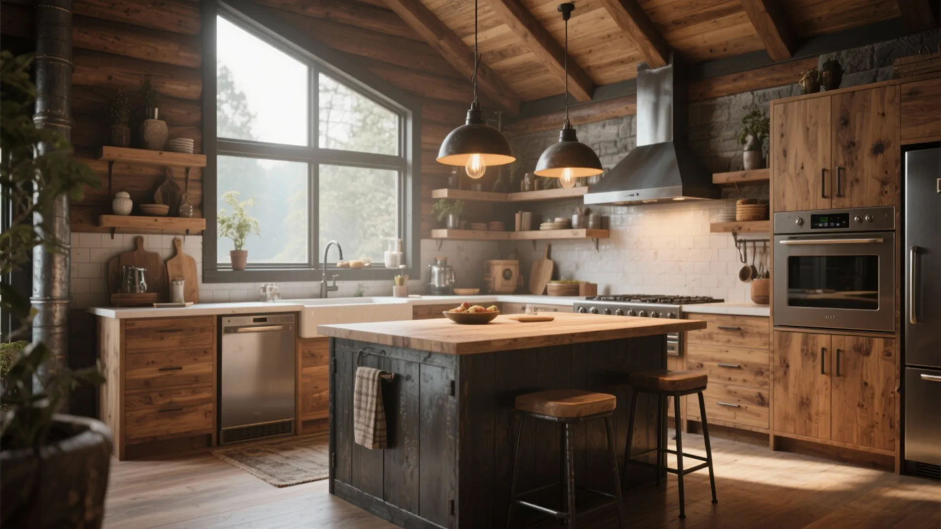 Modern cabin kitchen featuring a wood island, black stools, black ceiling lights, and large window