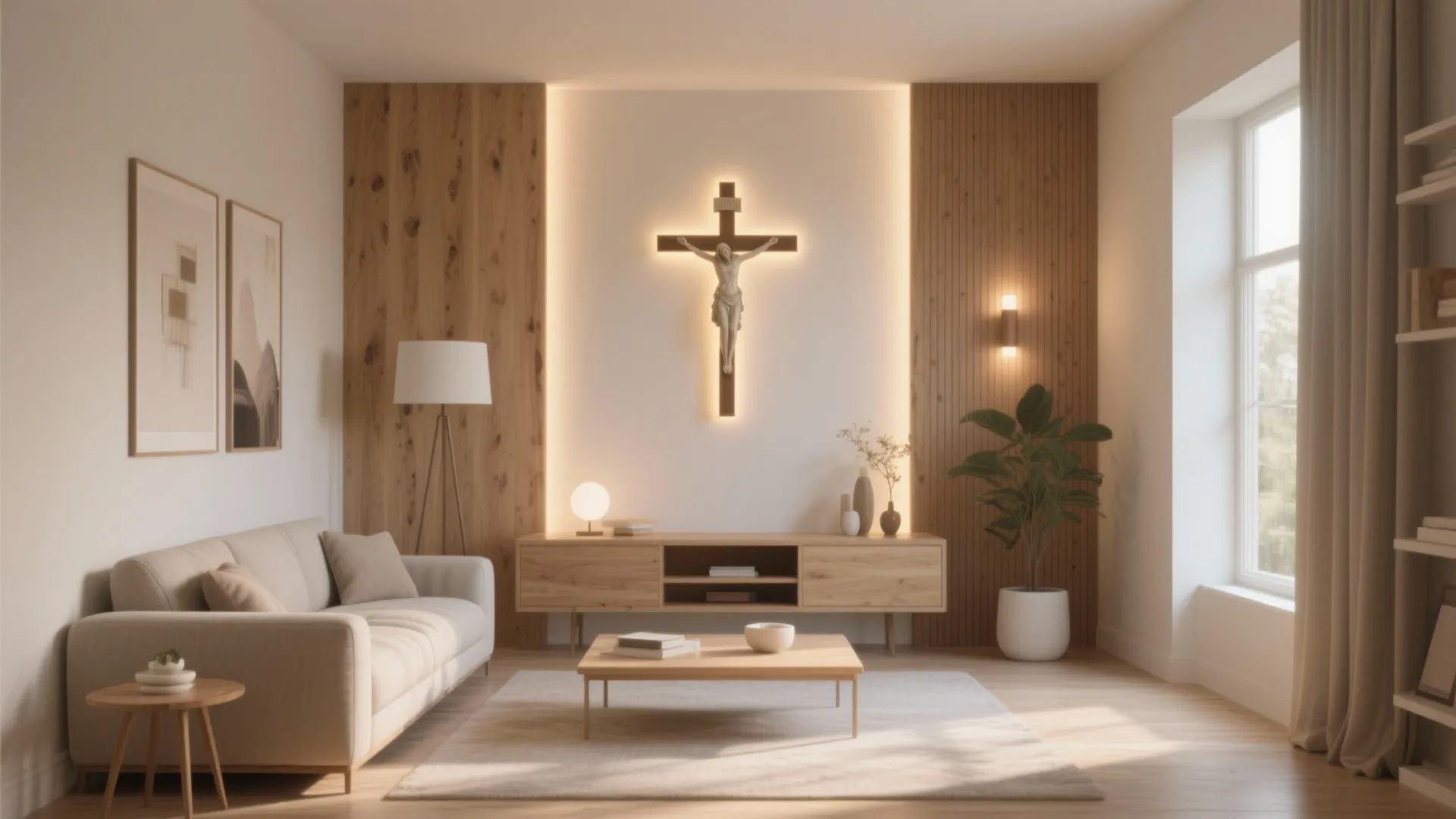 Minimalist living room with wooden wall panels a large wall cross and warm hidden lighting