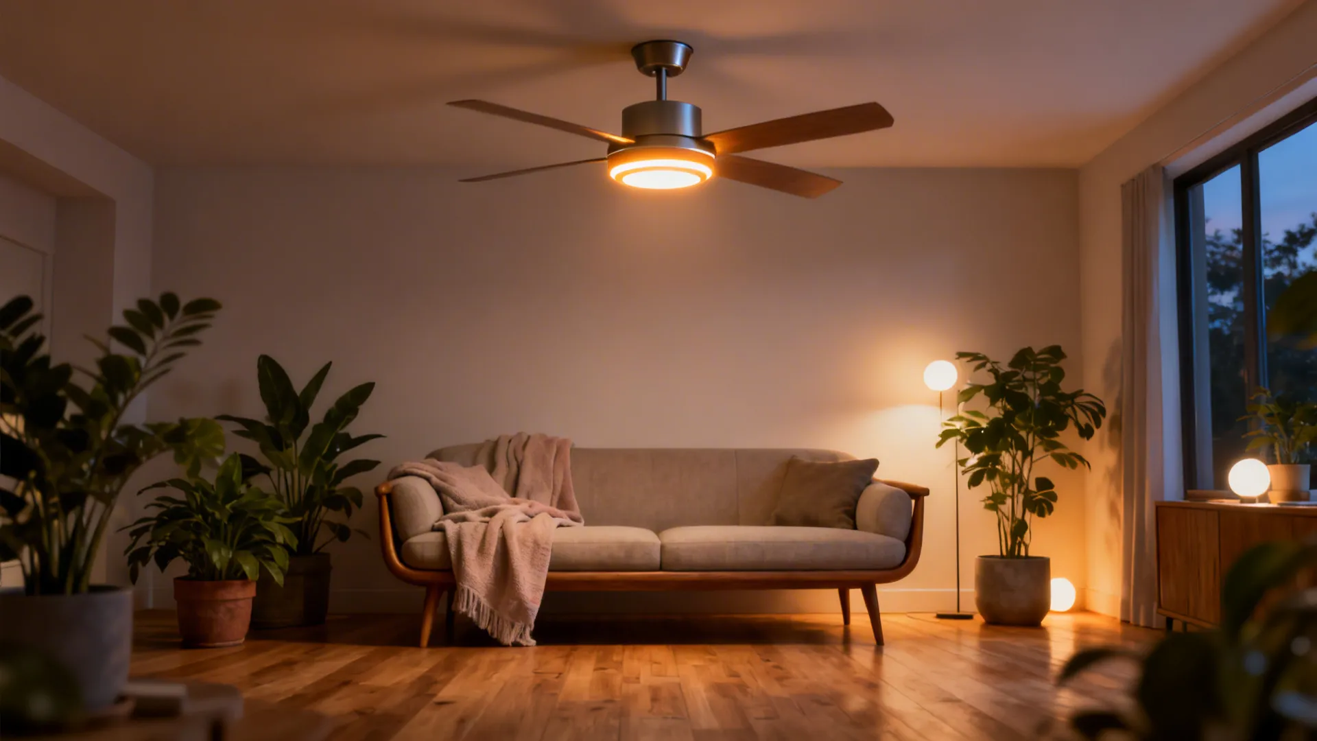 Cozy living room with grey sofa wood floor green potted plants and ceiling fan light