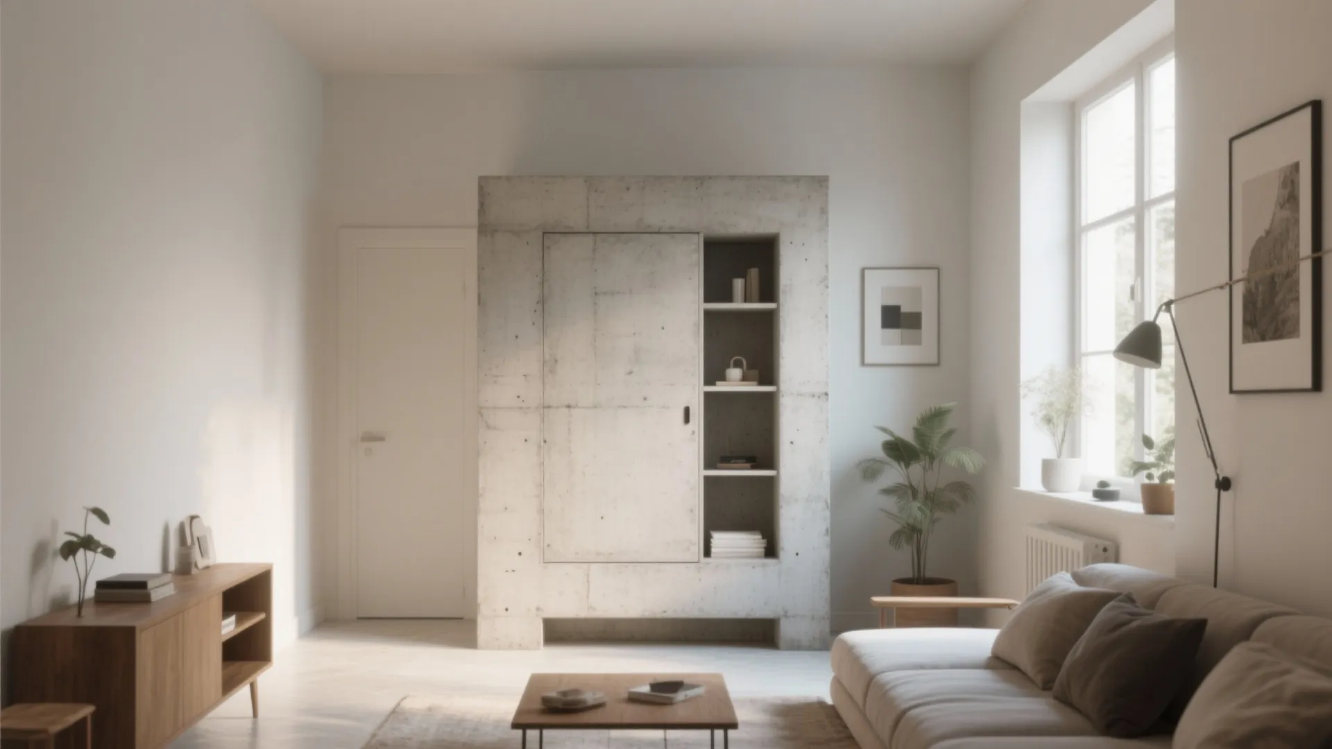 Modern living room featuring a concrete storage cabinet with open shelves next to a sofa