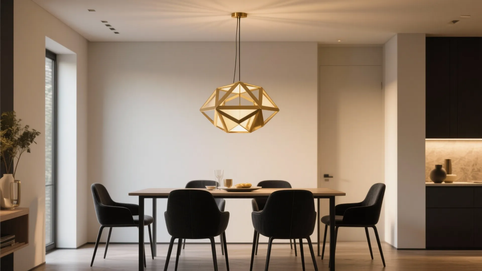 Dining table under a brass geometric modern chandelier