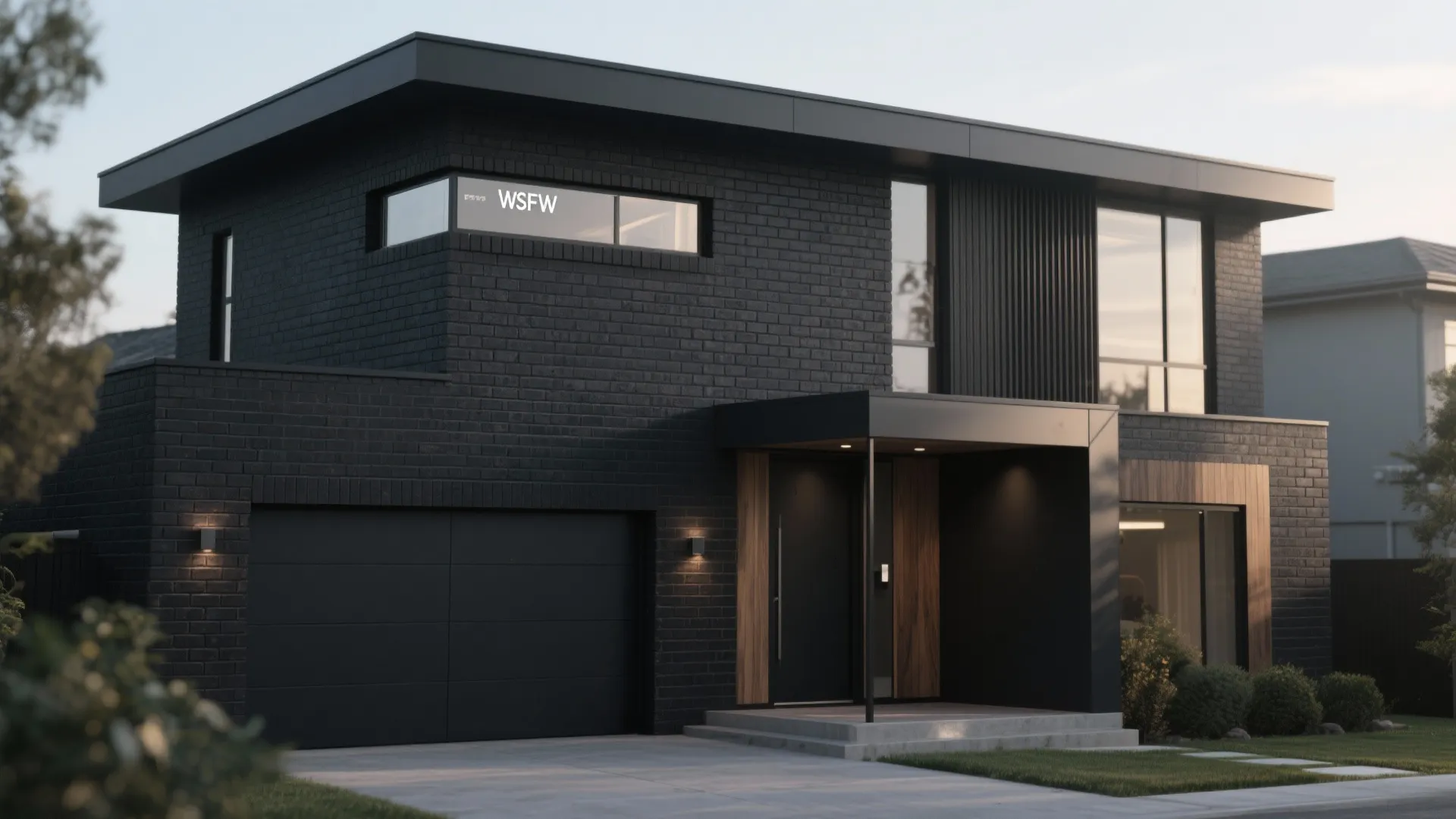 Modern two-story black brick house with a dark garage door, large windows, and wooden entrance