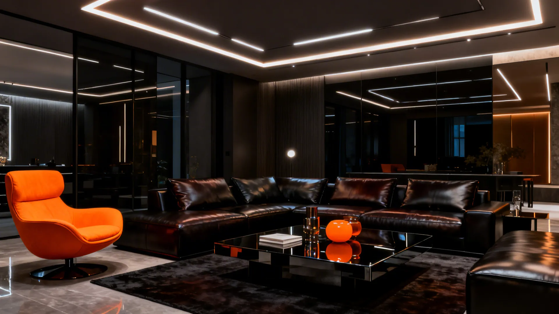 Modern dark living room with black leather sofa orange armchair shiny coffee table and lights