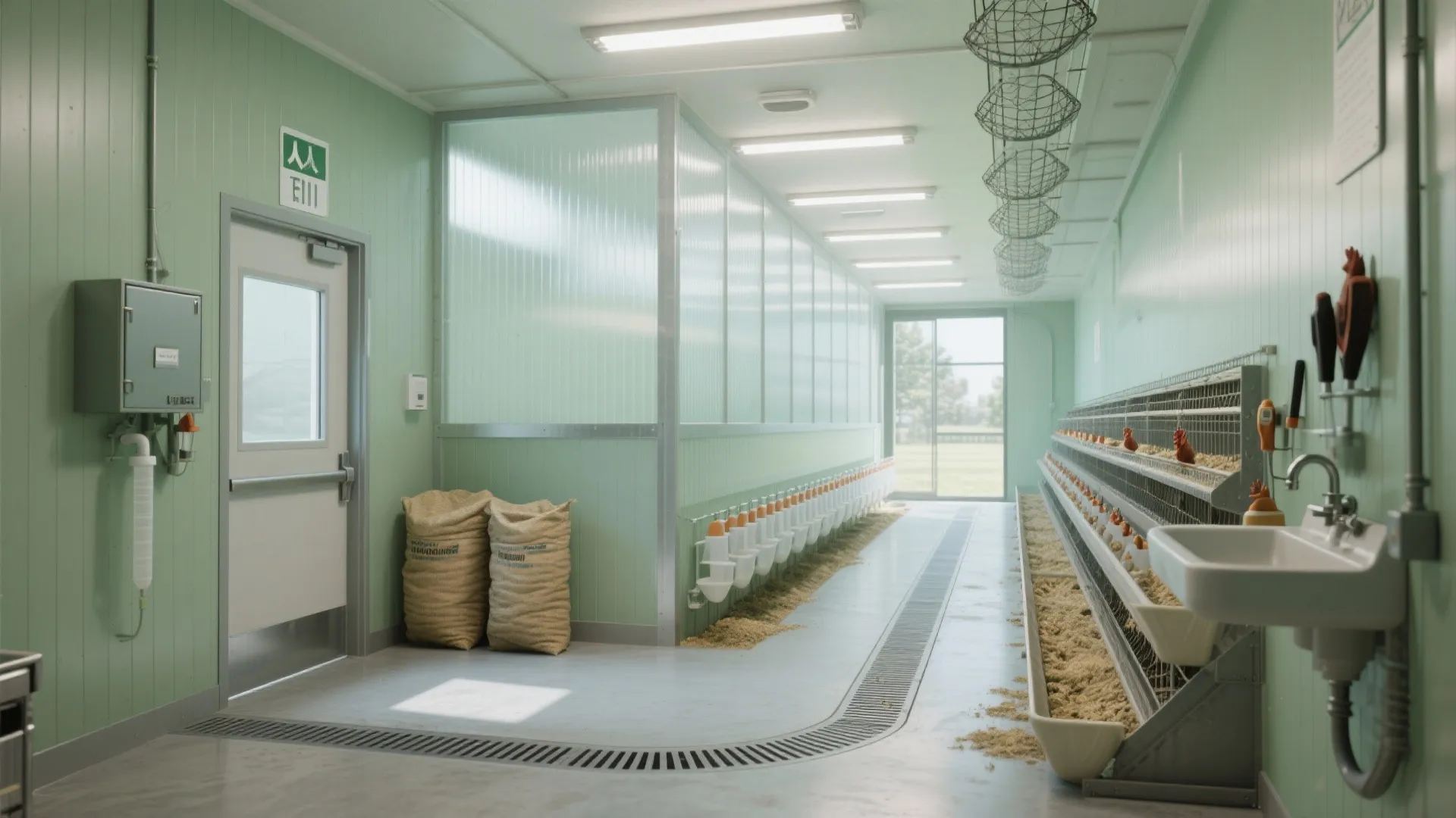 Clean modern poultry facility interior with green walls rows of metal cages and white floors