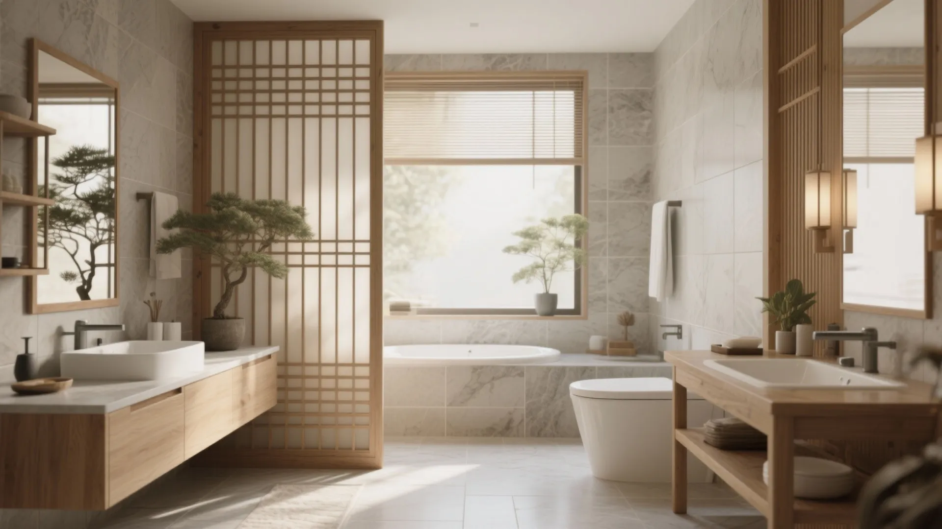 Modern bathroom with wooden screens, marble walls, bathtub, two sinks, wooden cabinets, and green plants