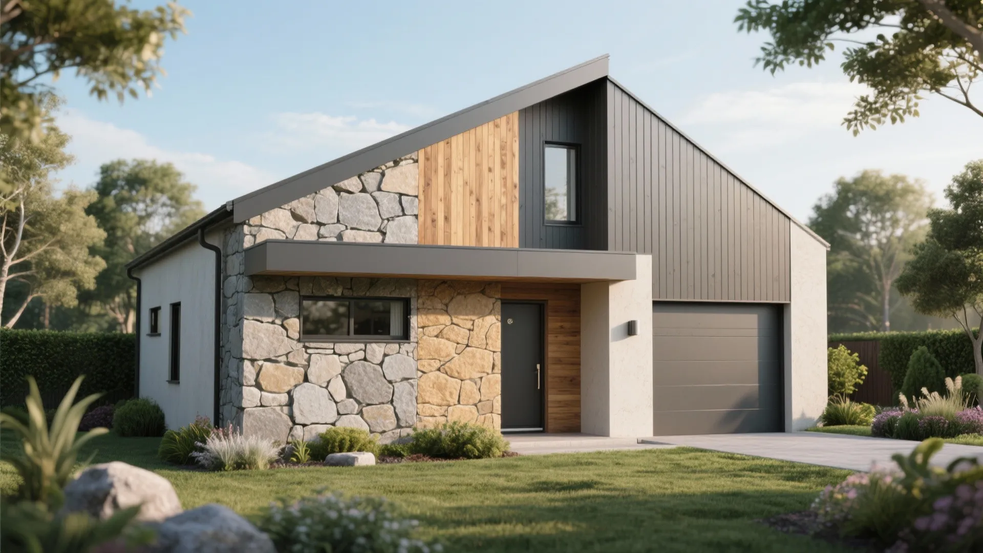 Modern house with slanted roof featuring stone walls wood paneling and a dark grey garage