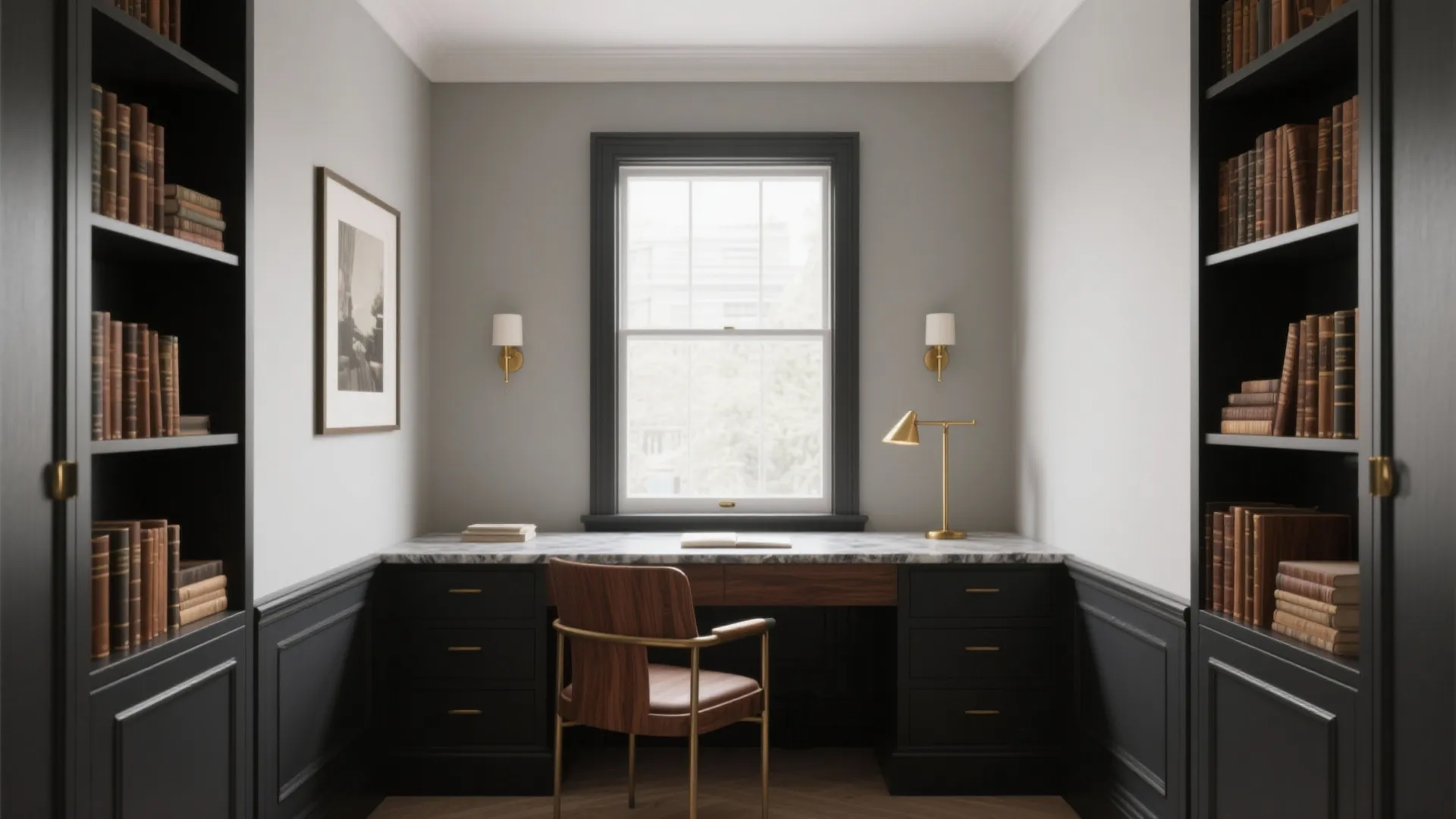 Modern study room featuring black bookshelves marble desk wooden chair window and gold wall light fixtures