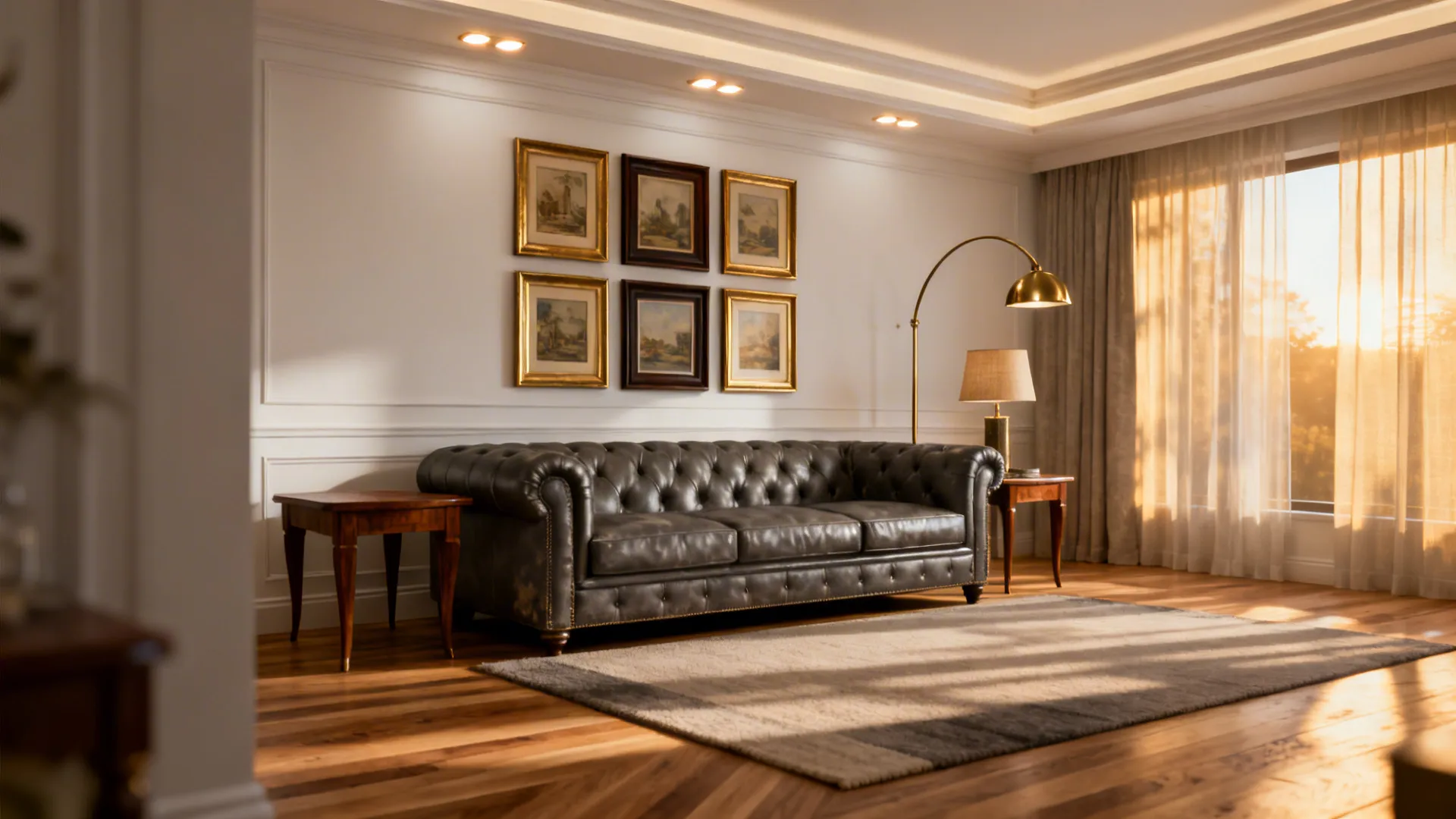 Modern classic living room with grey leather sofa, gallery wall and layered lighting