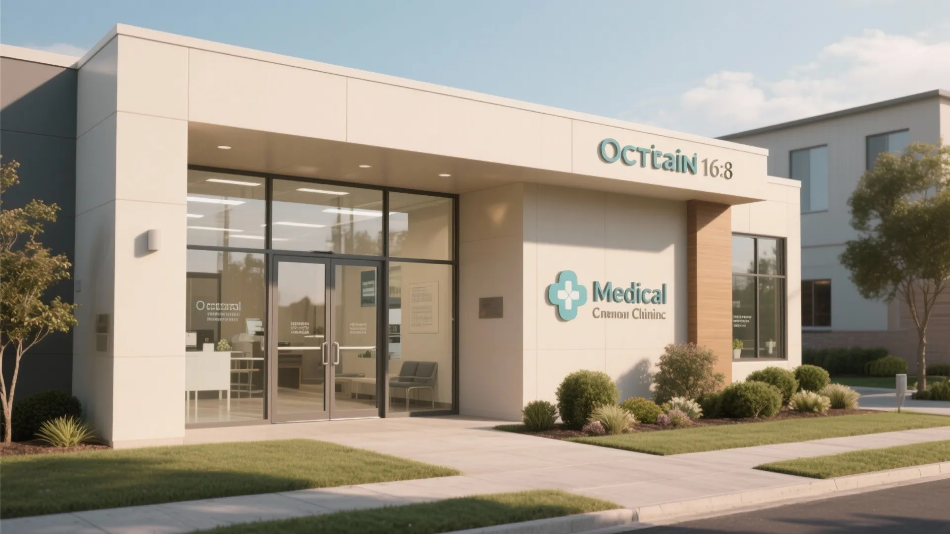 Modern medical clinic building with glass doors white walls green lawn and small trees outside