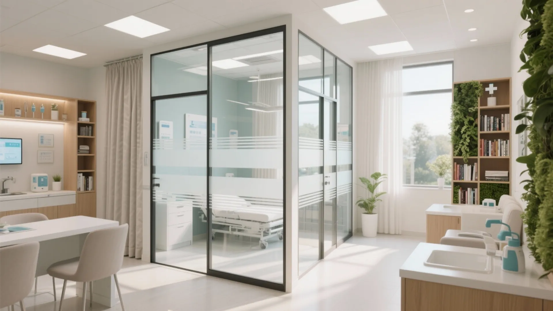 Modern medical room with glass wall divider hospital bed white desk bookshelf plants and ceiling lights
