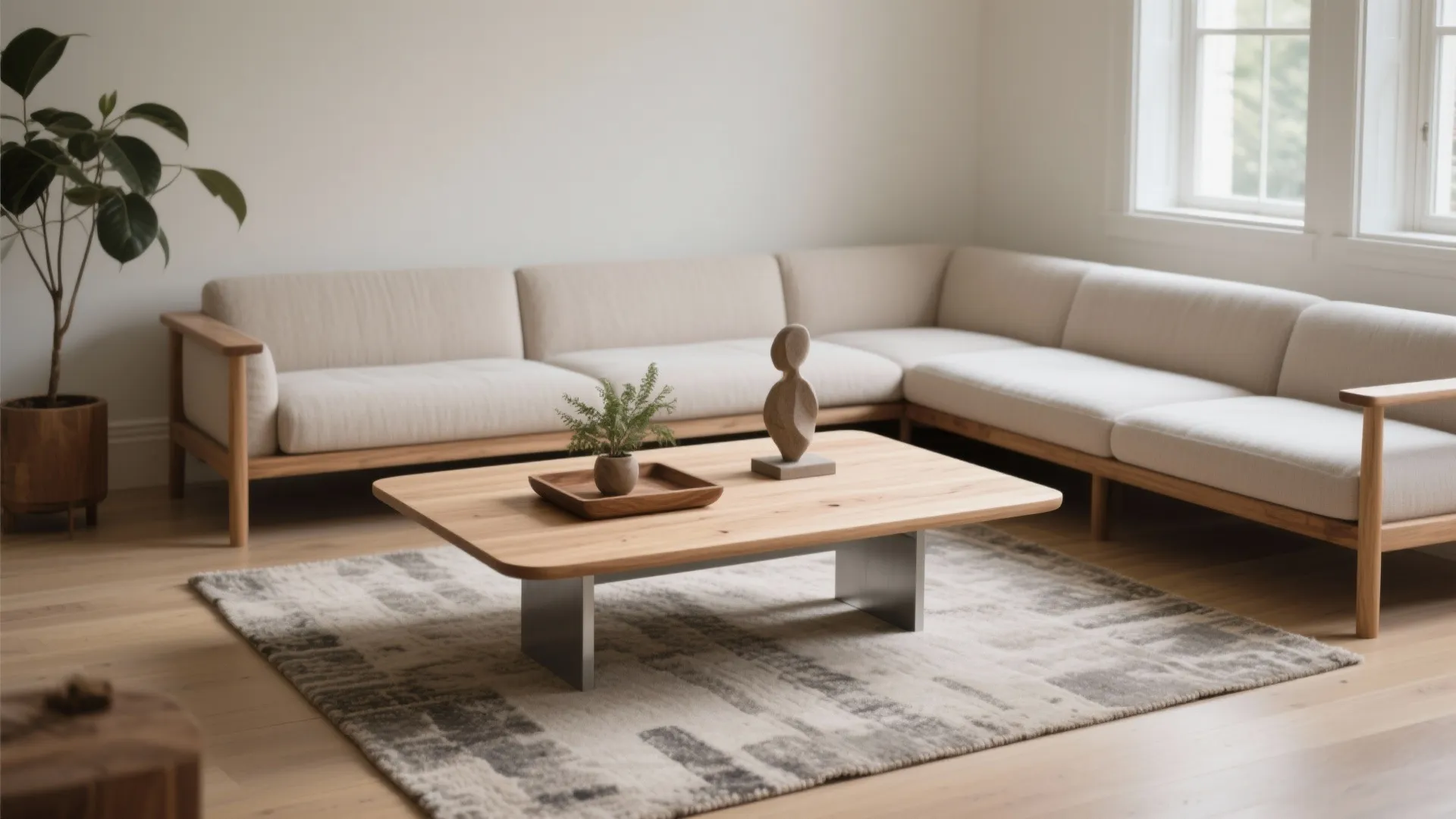 Modern minimal living room with wooden coffee table corner sofa grey rug and potted green plant