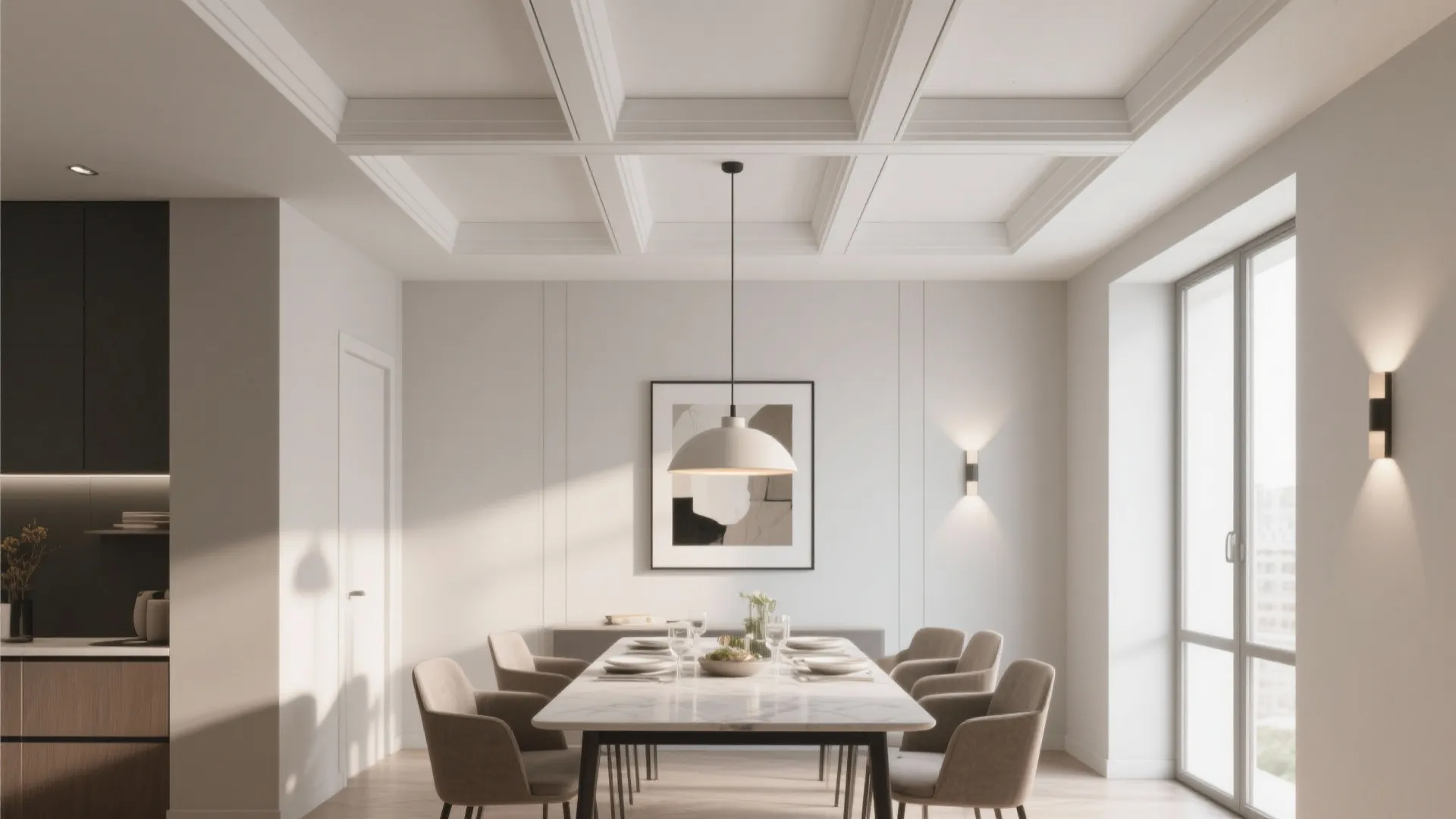 Contemporary dining room with shallow coffered gypsum ceiling and slim battens aligned to the table.