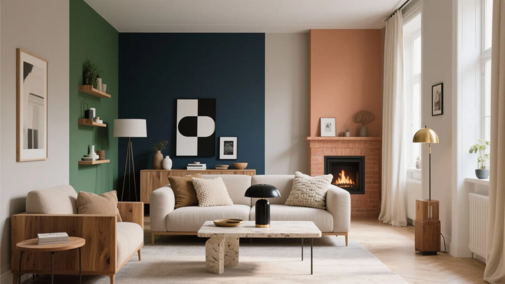 Modern living room with green and blue walls, brick fireplace, cream sofa and marble table