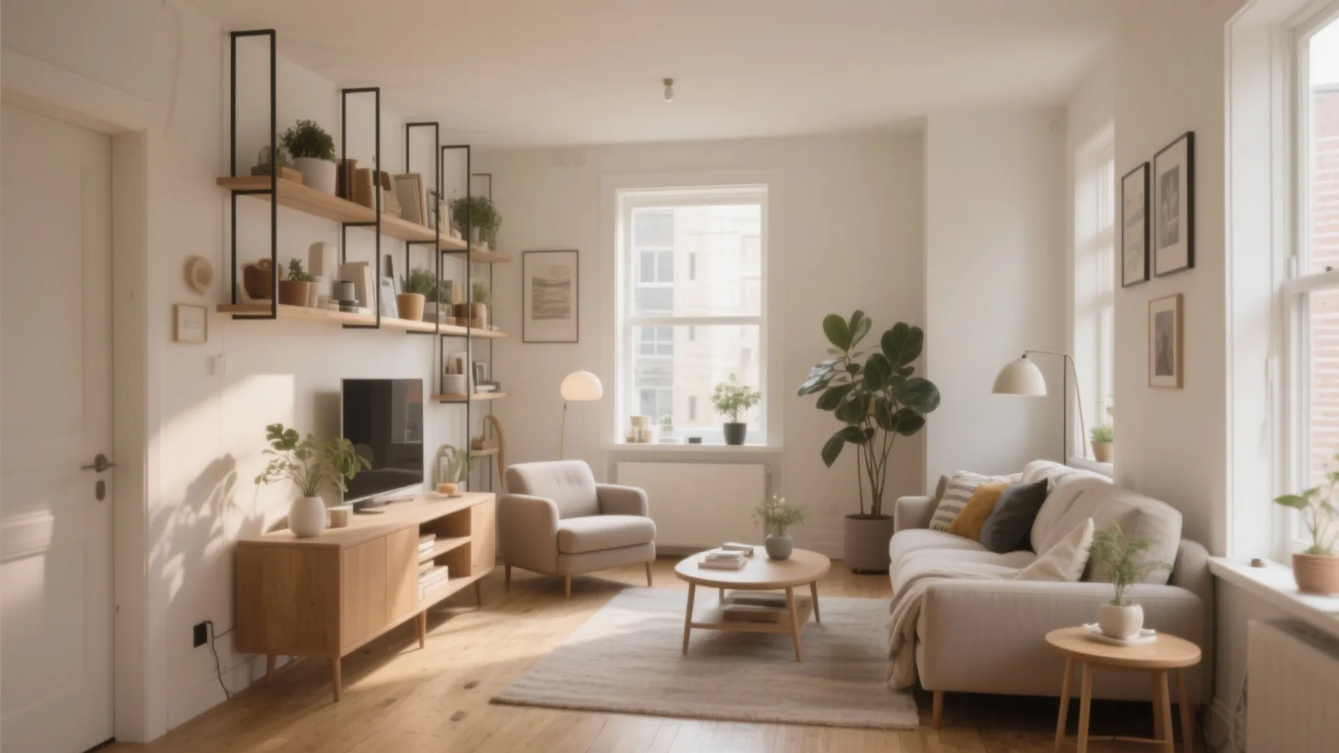 Cozy living room with wooden wall shelves beige sofa floor plant and warm floor lamp light