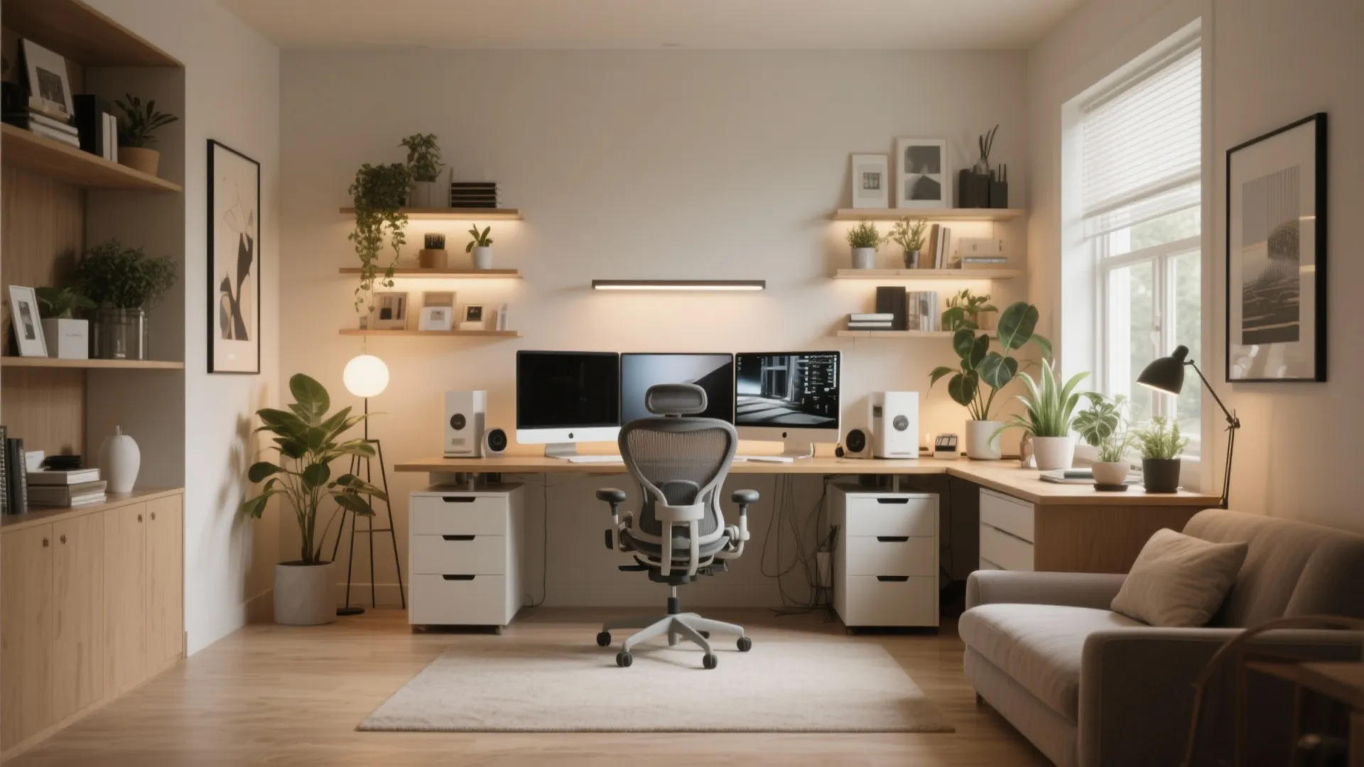 Modern home office with three computer screens wooden desk mesh chair shelves and cozy grey sofa