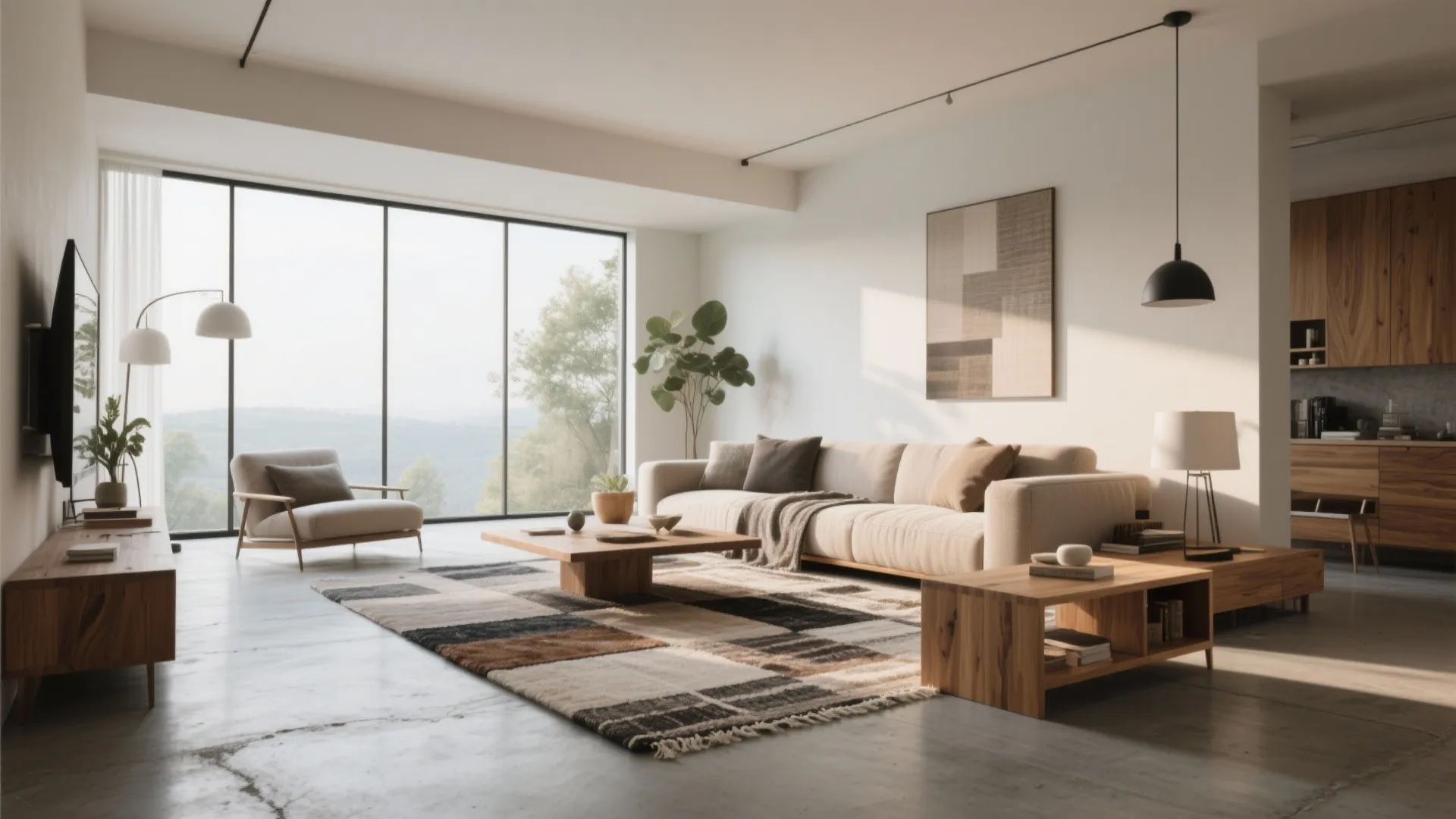 Minimalist living room with beige sofa large windows wooden coffee table and black ceiling light