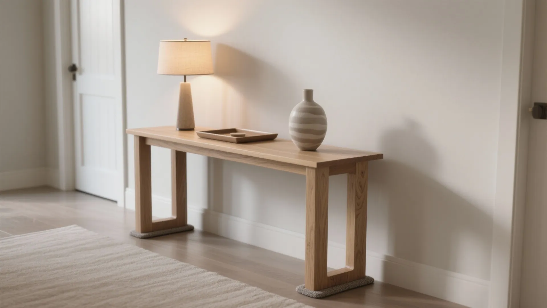 Minimalist wooden hallway table with warm table lamp striped vase and tray against white walls