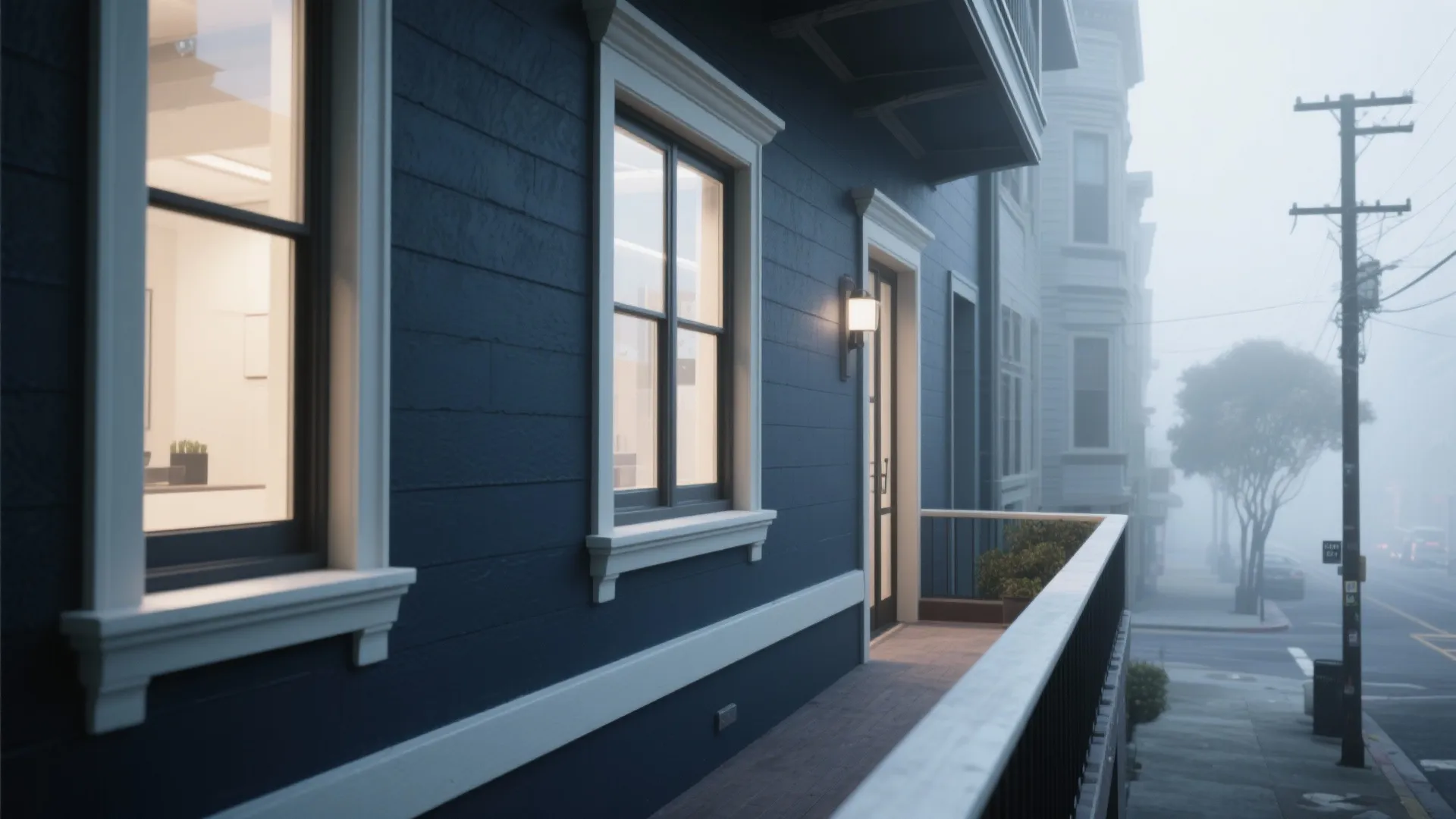 Narrow terrace facade with a deep dark base and pale trims brightening windows in foggy light.