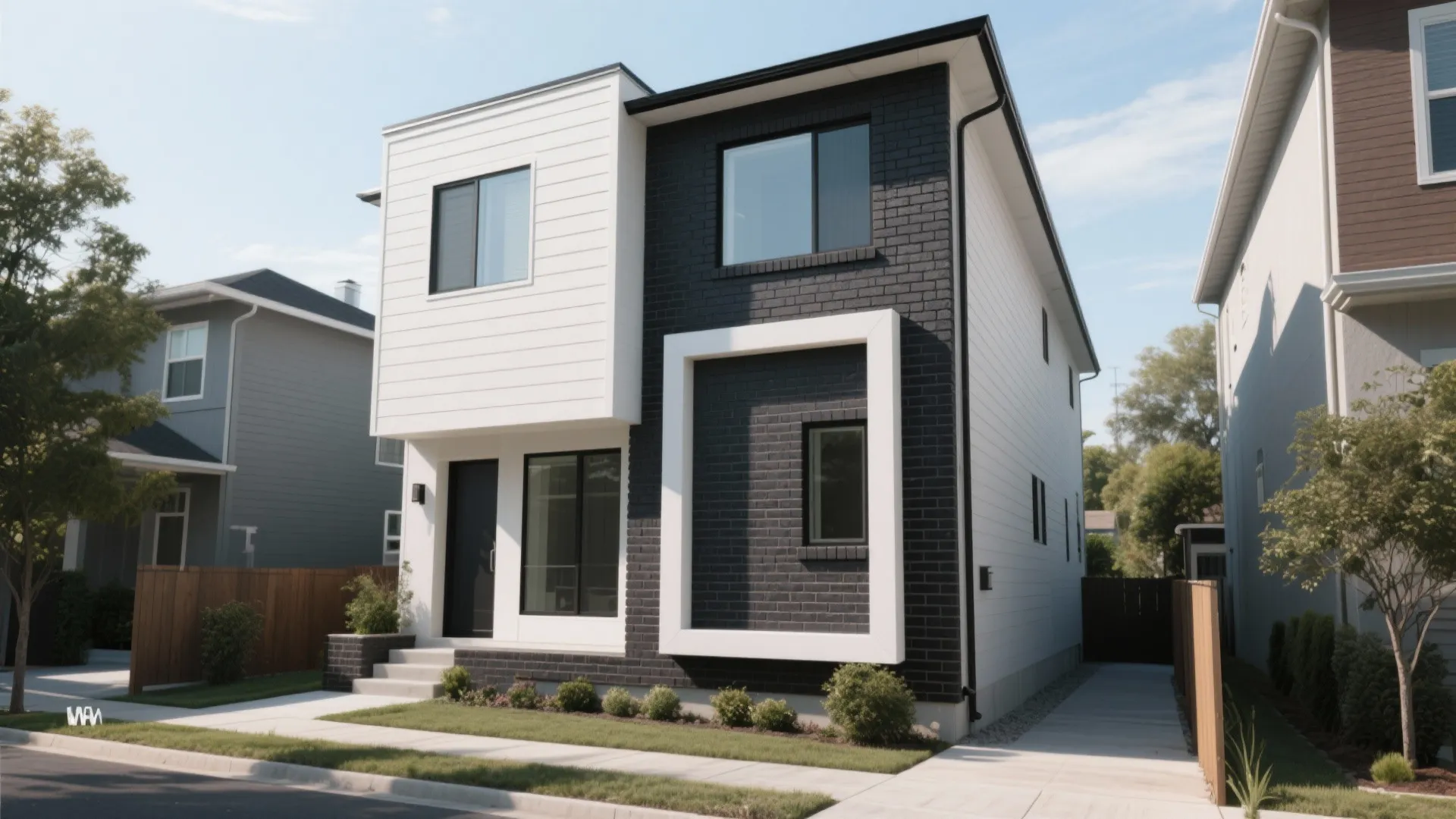 Modern two story house with black brick walls white siding large windows and green lawn area