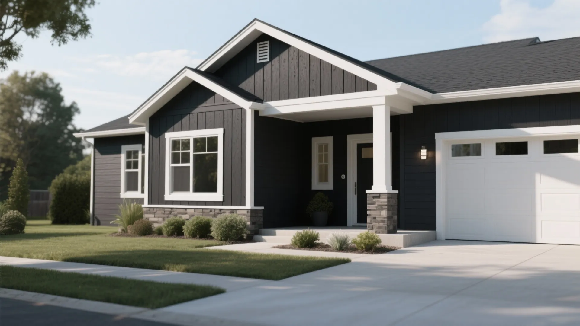 Modern dark grey house with white trim windows and garage plus a green lawn outside