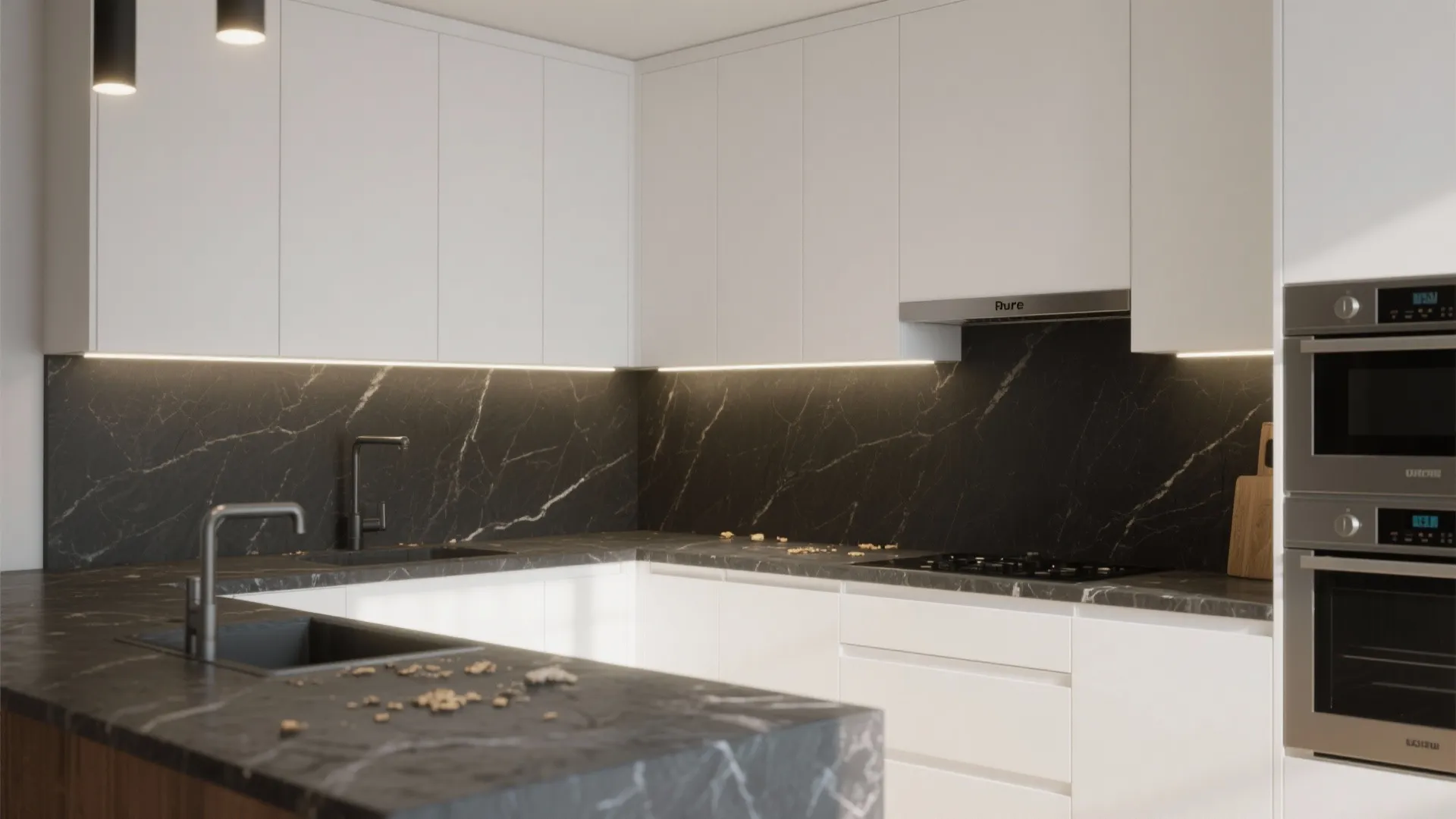 Modern kitchen with white cabinets, black marble countertop, matching backsplash, built-in oven, and double sinks