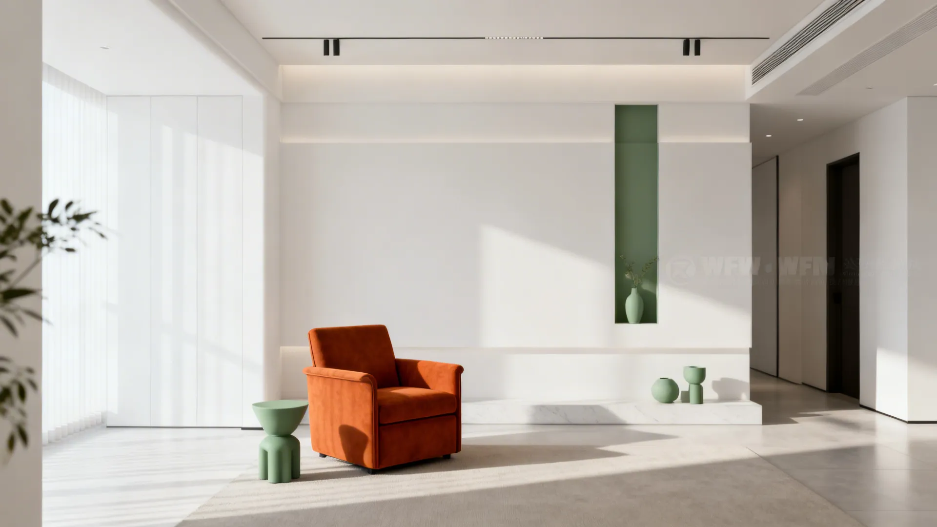 Minimal living space with neutral furniture and a single burnt orange armchair accented by sage green accessories.