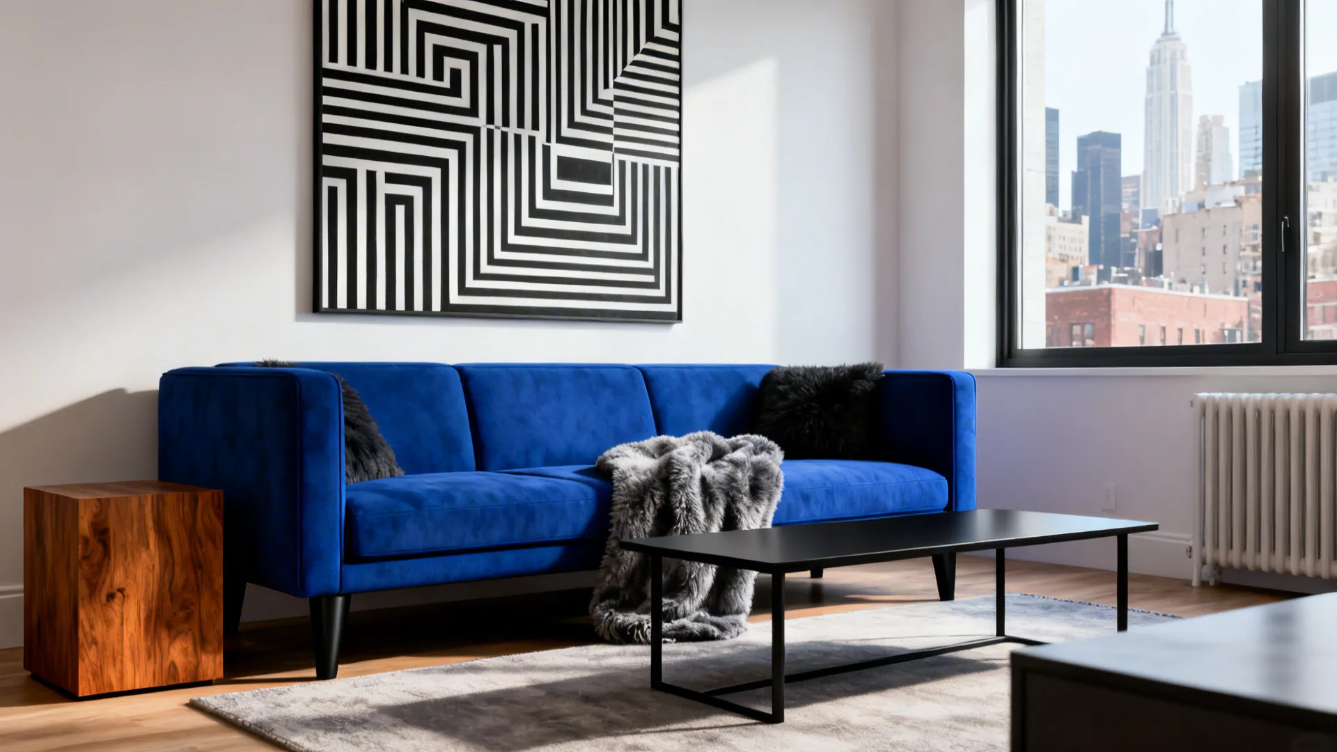 Compact modern living room with a cobalt couch, black accents and geometric art.