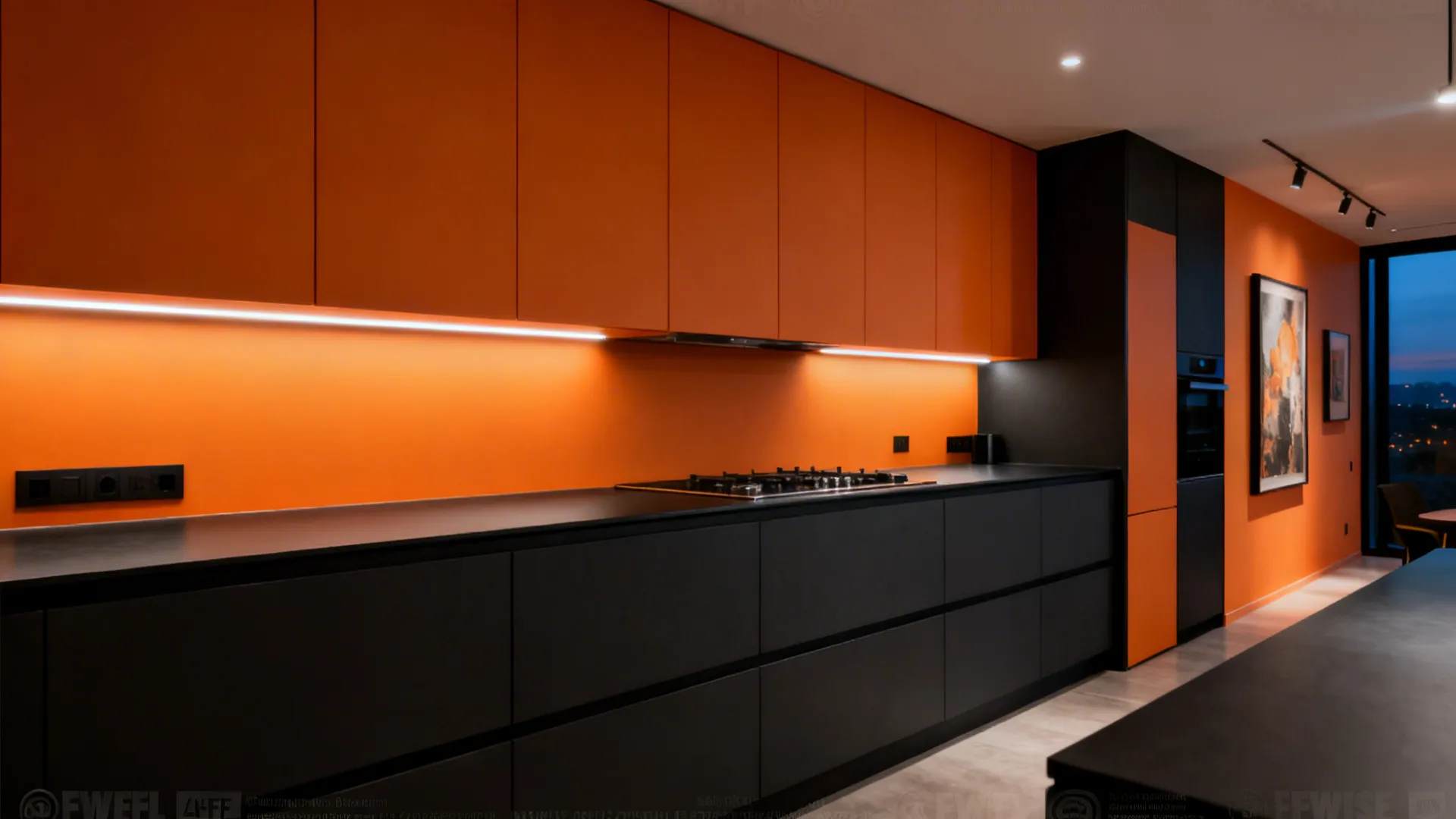 Modern kitchen with orange counters, charcoal bases, matte black fixtures, and warm LED lighting.