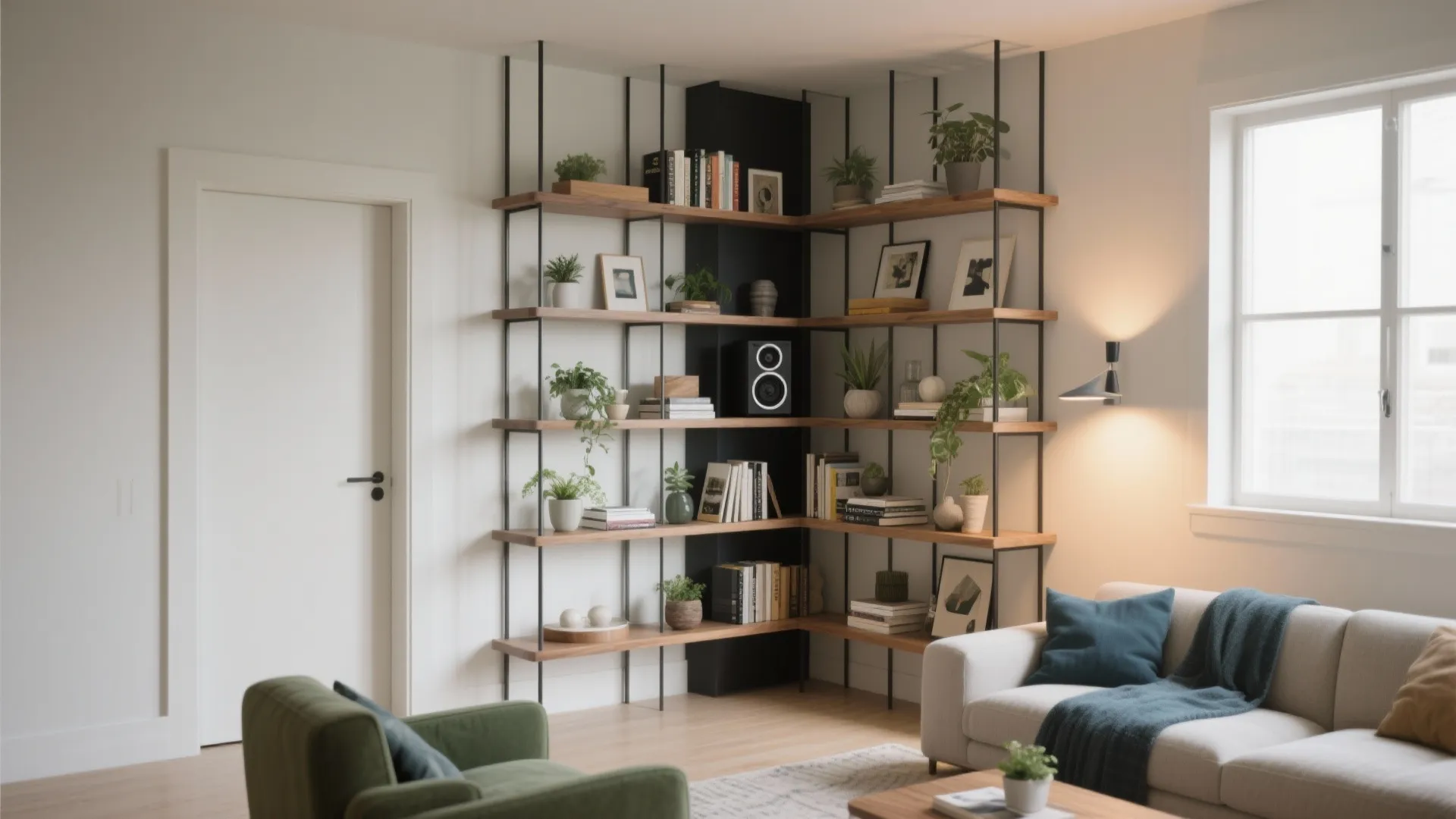 Modern living room with corner bookshelf unit featuring wooden shelves black metal frame and green plants