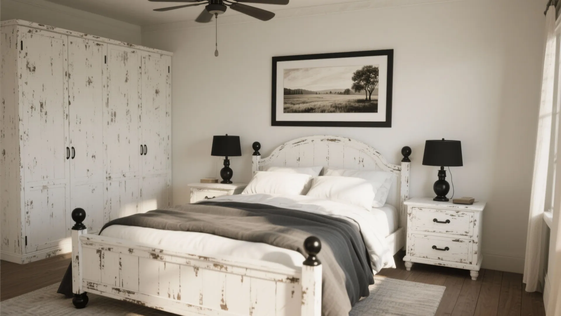 Distressed white bedroom with matte black hardware and black-accent lamp