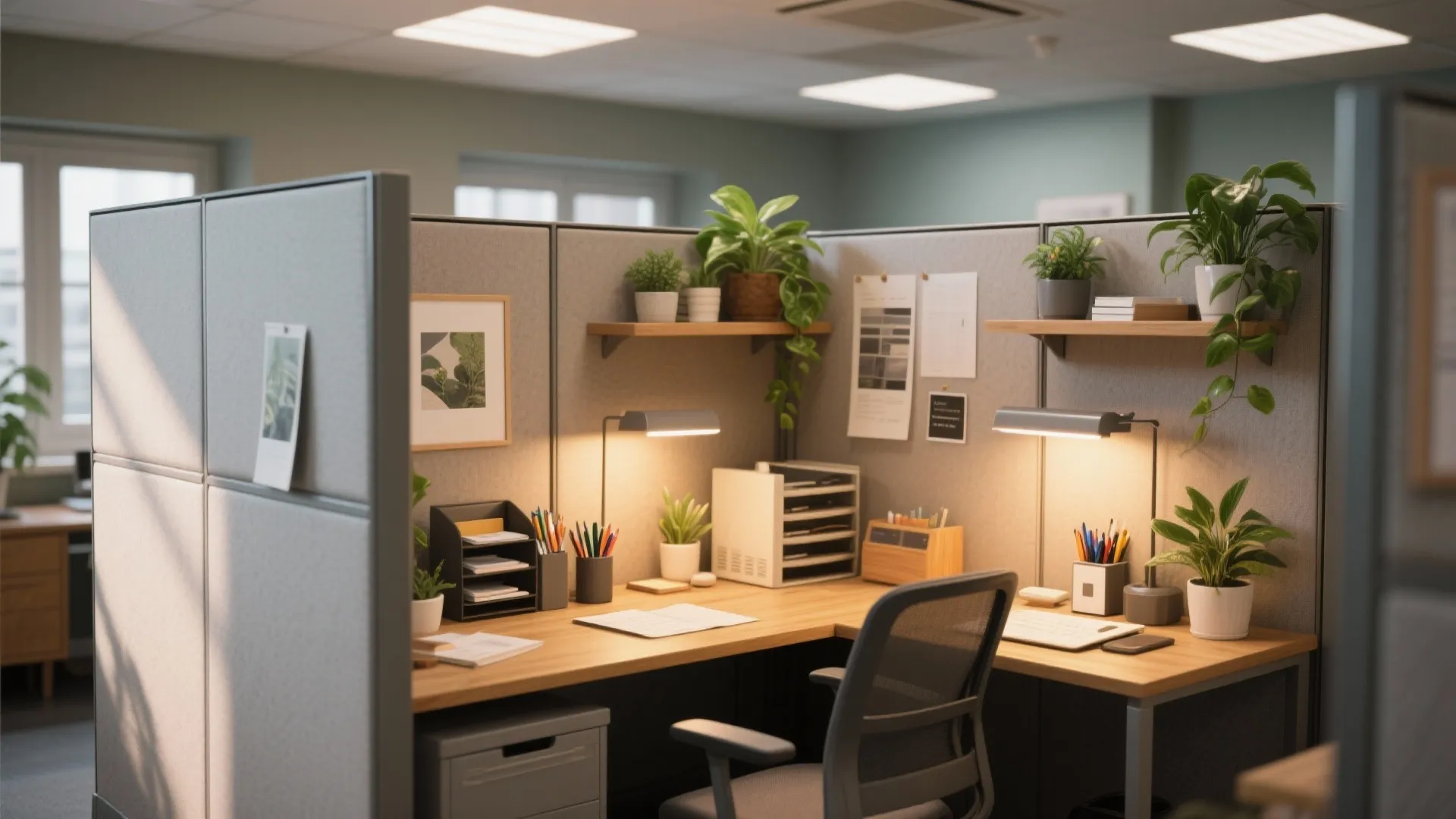 Modern office cubicle with wooden desk, grey partition, green plants, desk lamps, and mesh chair
