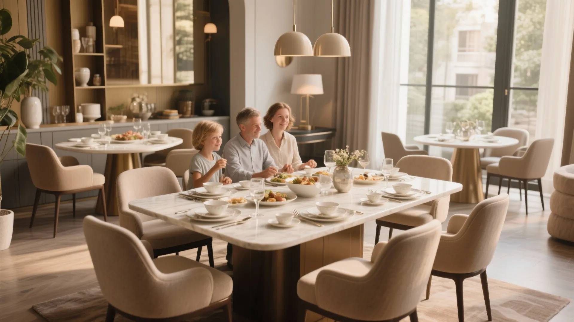 Family eating dinner at a large white marble table with beige chairs and ceiling lights