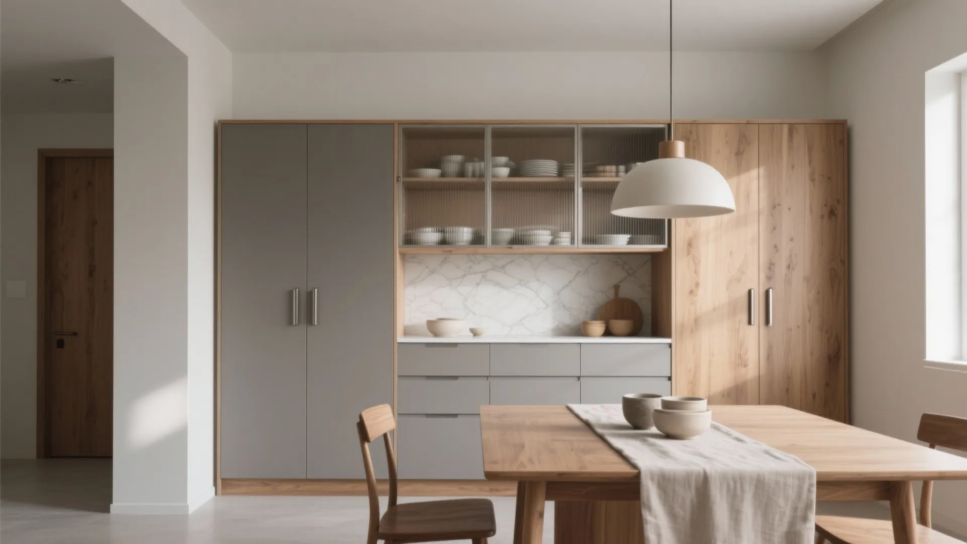 Minimalist dining room with wood table white ceiling light grey cabinets and glass storage doors
