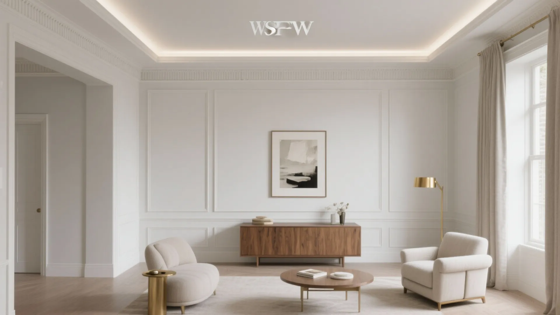 Modern white living room with wall panels wooden cabinet armchairs coffee table and large window